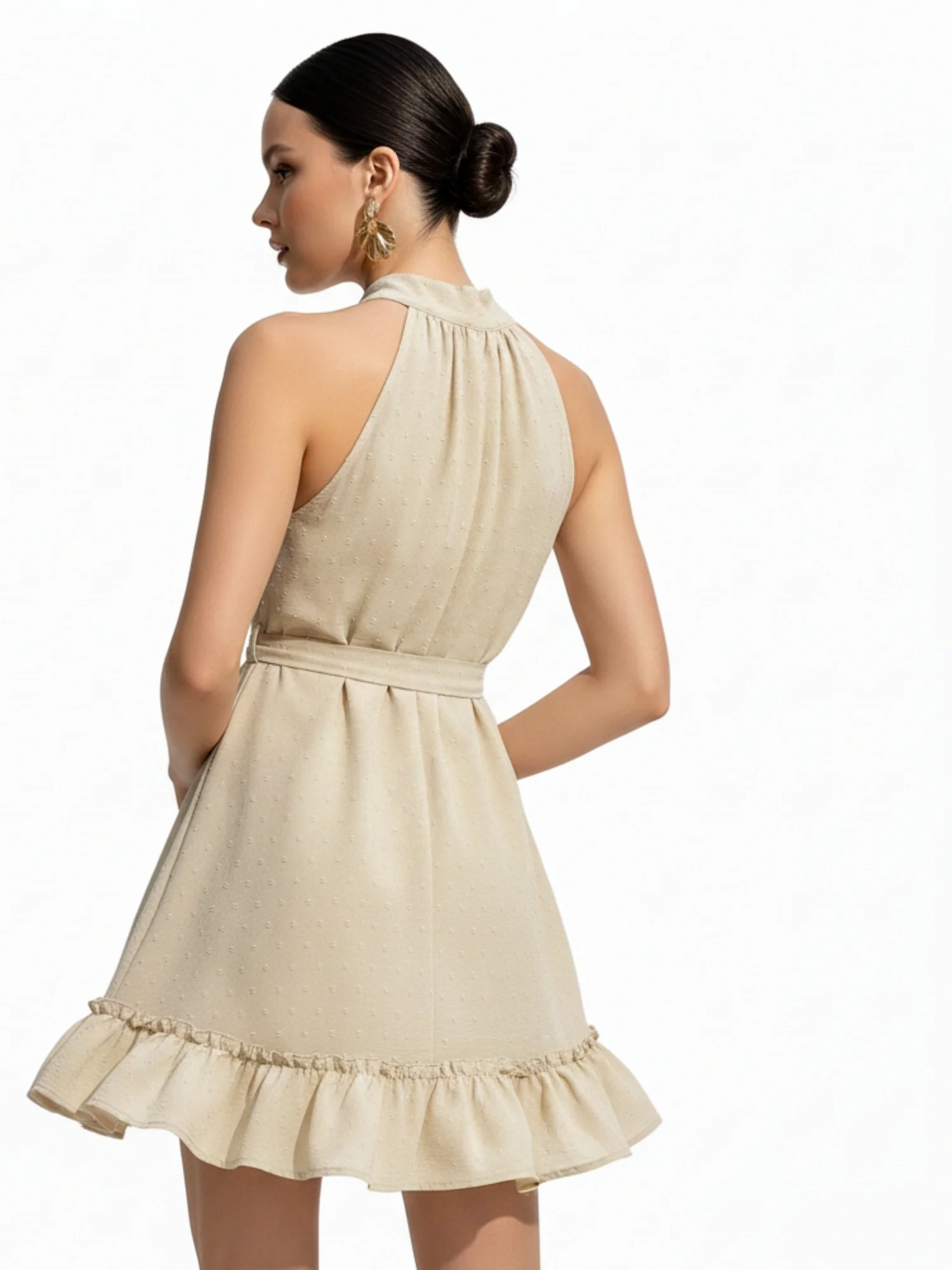 Peach Halter Neck Waist Tie-Up Ruffle Hem Dress - Image 5