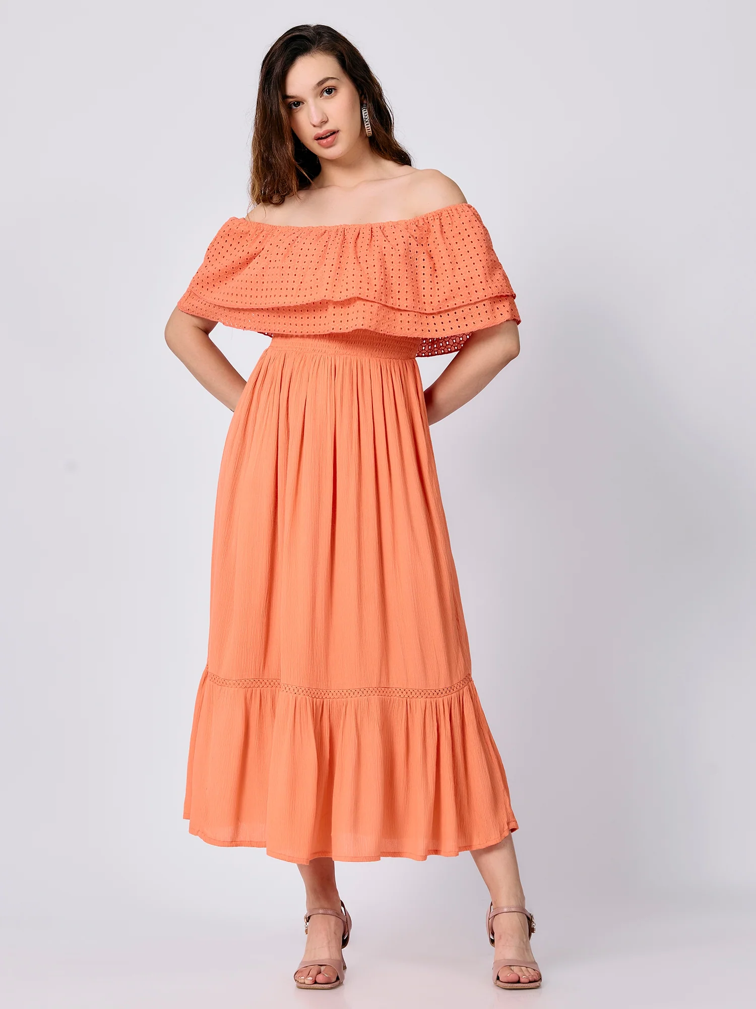 Peach Off Shoulder Tiered Midi Dress - Image 4