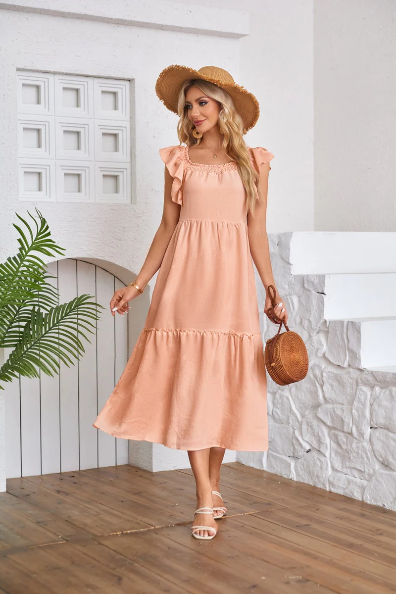 Peach Solid Flutter Sleeved Empire Waist Smocked Dress - Image 3