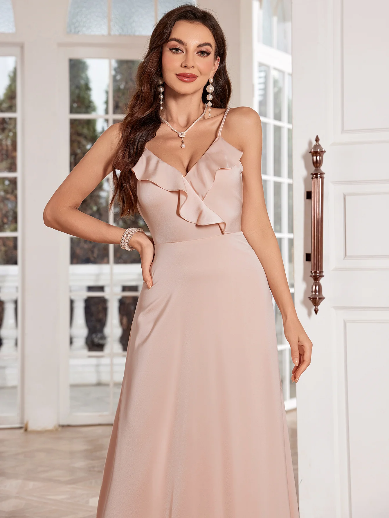 Peach Spaghetti Strap Ruffle Neckline Dress - Image 5