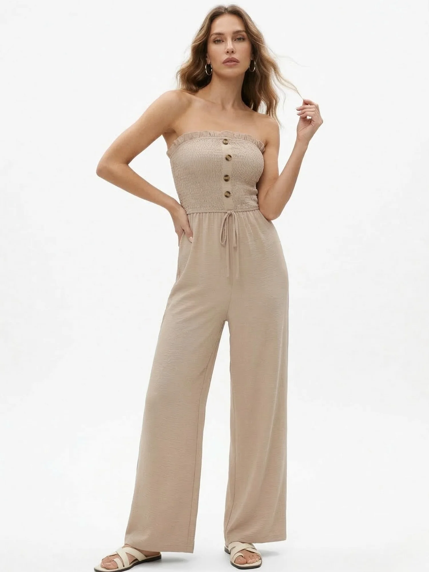 Peach Tube Front Buttoned Solid Jumpsuit - Image 3