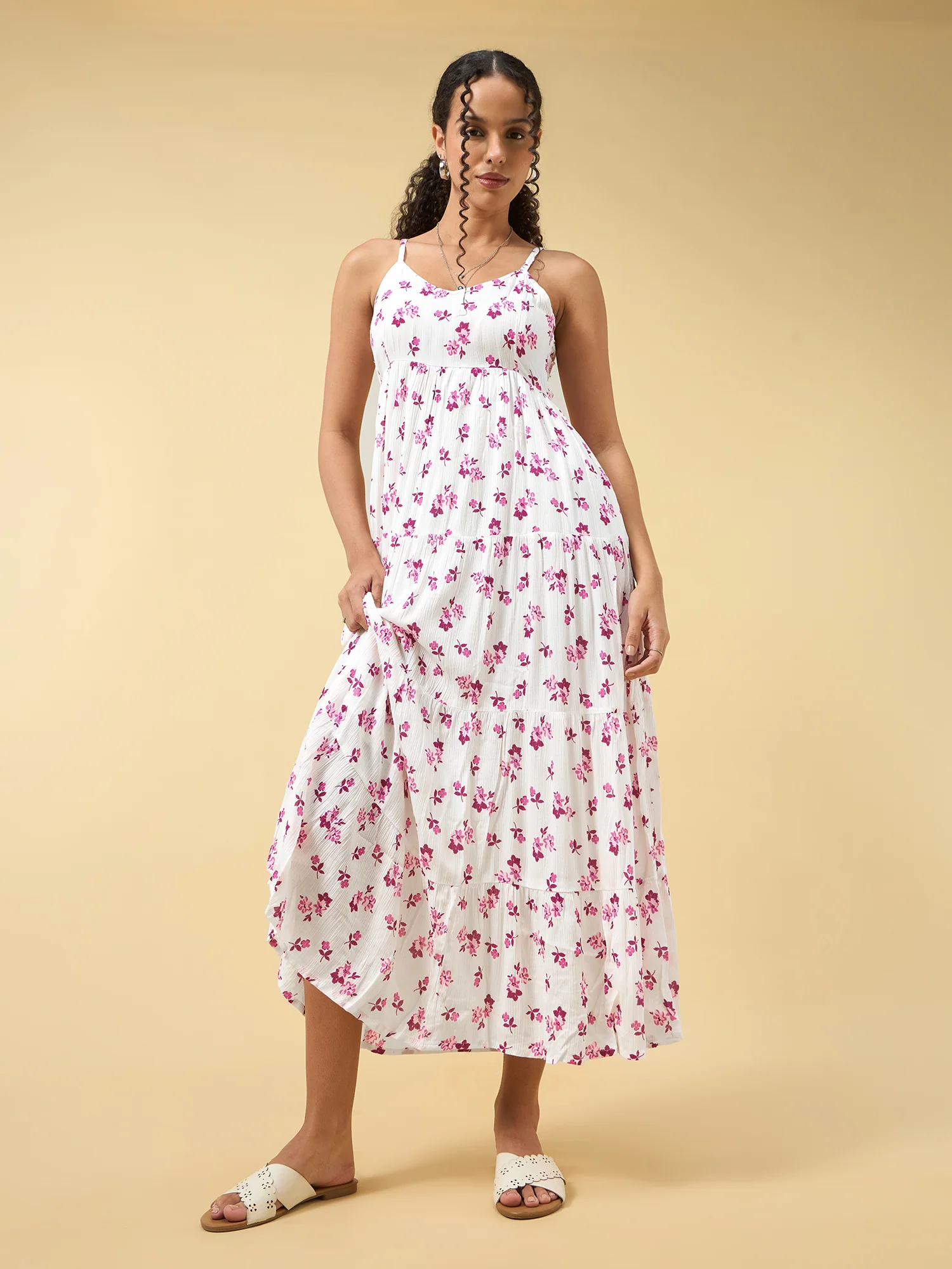 Pink A-Line Tiered Dress With Tie Up Detail At The Back - Image 6