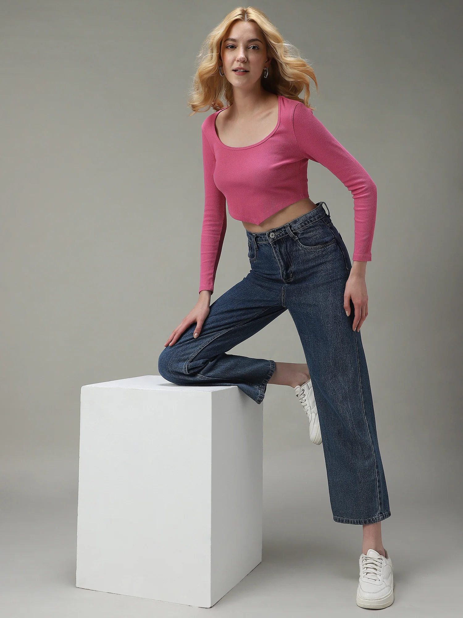 Pink Asymmetric Hem Scoop Neck Knit Top - Image 5