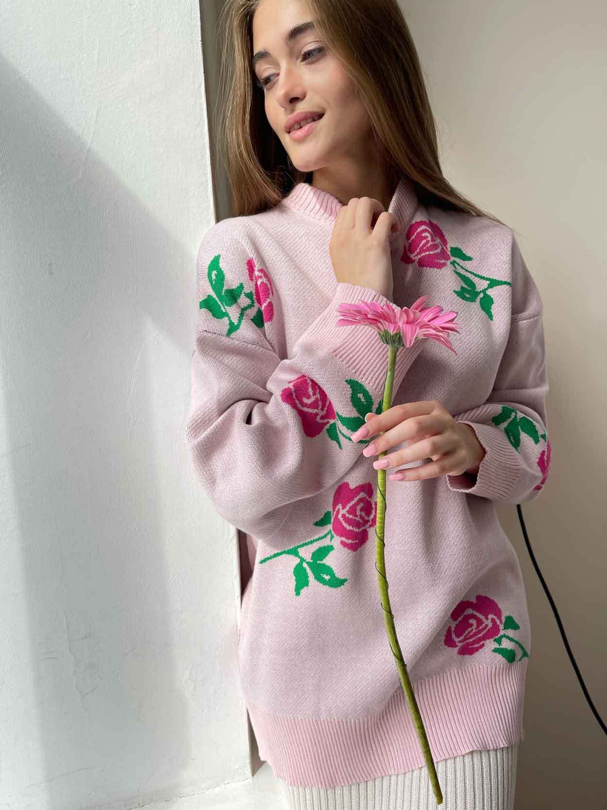 Pink Bold Floral Printed Sweater - Image 2
