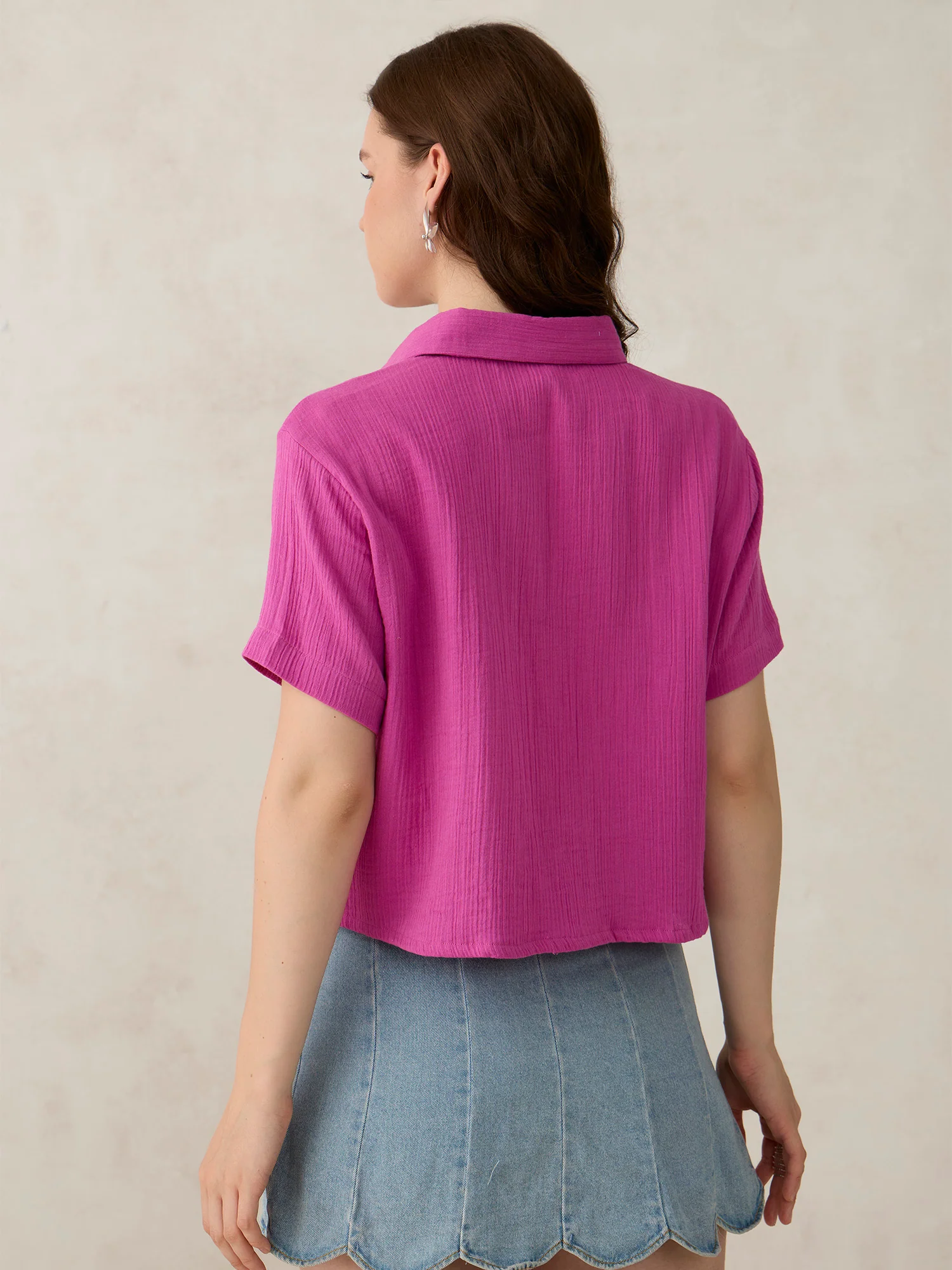 Pink Cropped Solid Shirt - Image 2