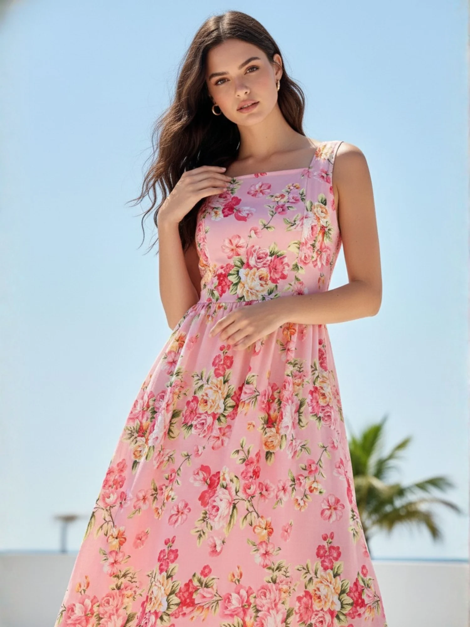 Pink Elegant Printed Midi Dress With Flowy Skirt And Back Bow Detail - Image 5