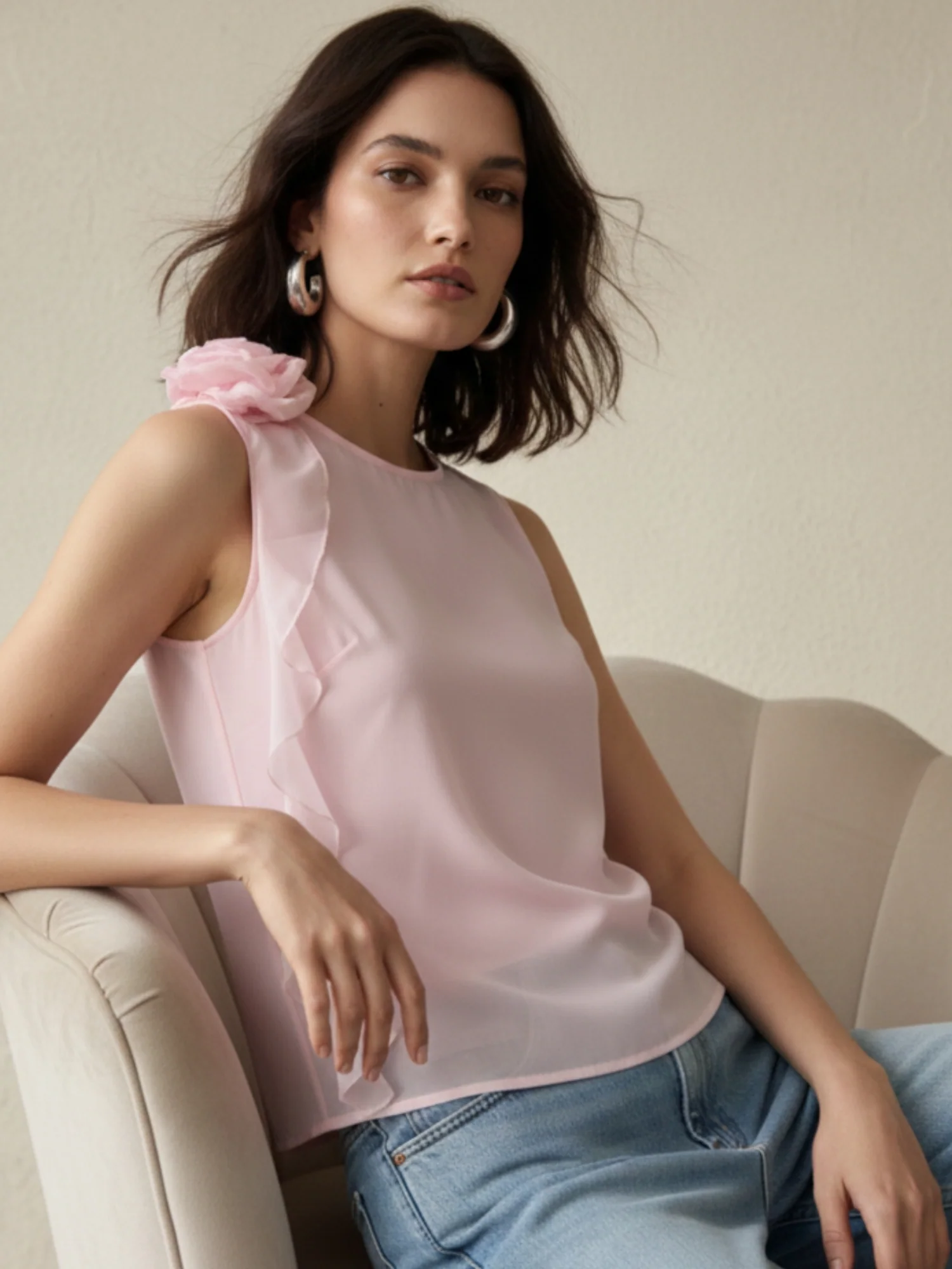 Pink Elegant Sleeveless Blouse With Ruffle And Corsage Detail - Image 6