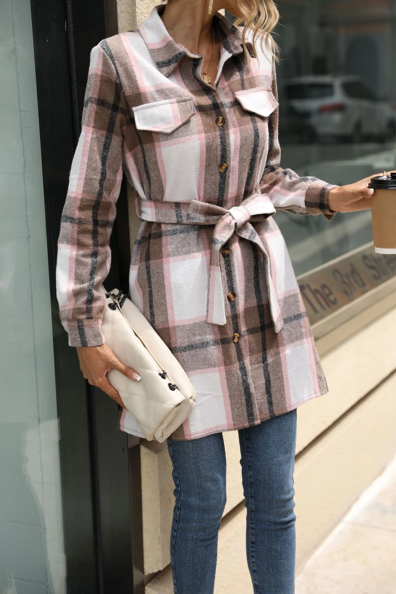 Pink Flannel Shirt Dress With Tie Up - Image 2