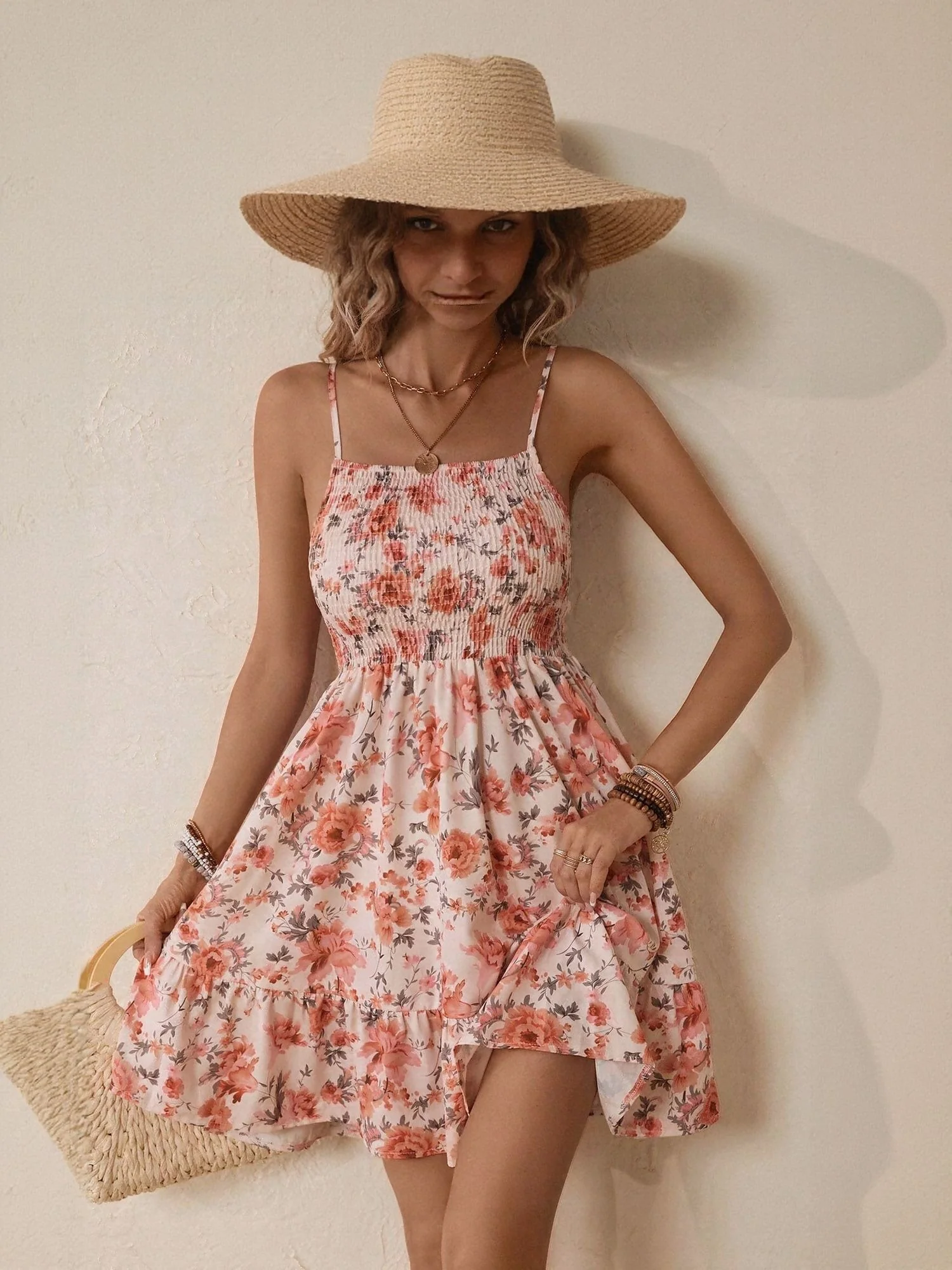 Pink Floral Printed Smocked Dress - Image 2