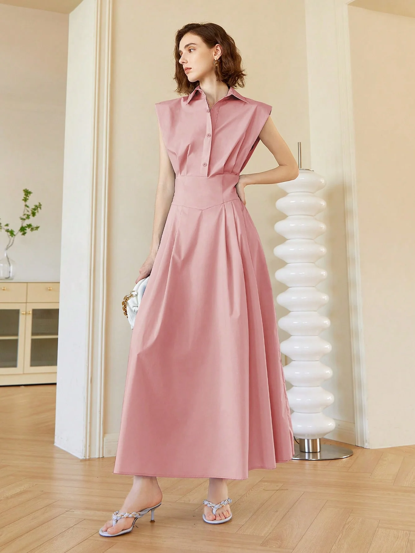 Pink Front Button Shirt Style Sleeveless Dress - Image 3