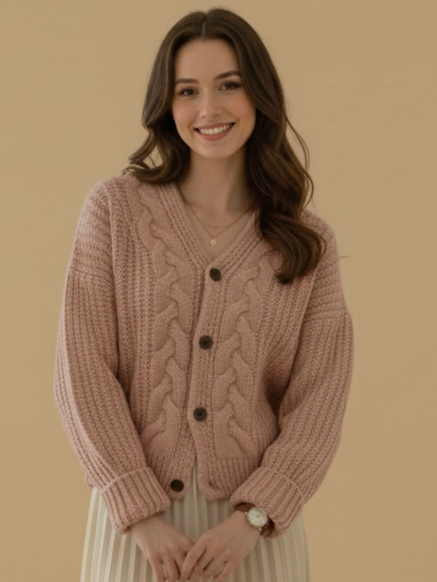 Pink Full Sleeve Front Buttoned Slouchy Cardigan - Image 2