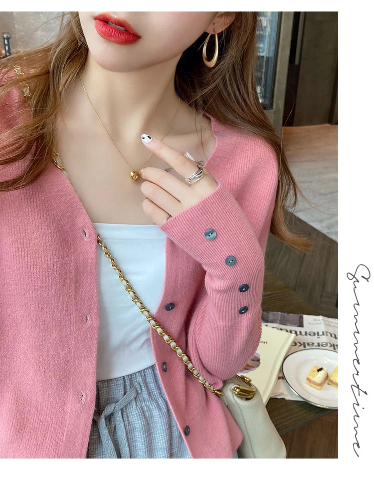 Pink Full Sleeve V Neck Buttoned Cardigan - Image 2