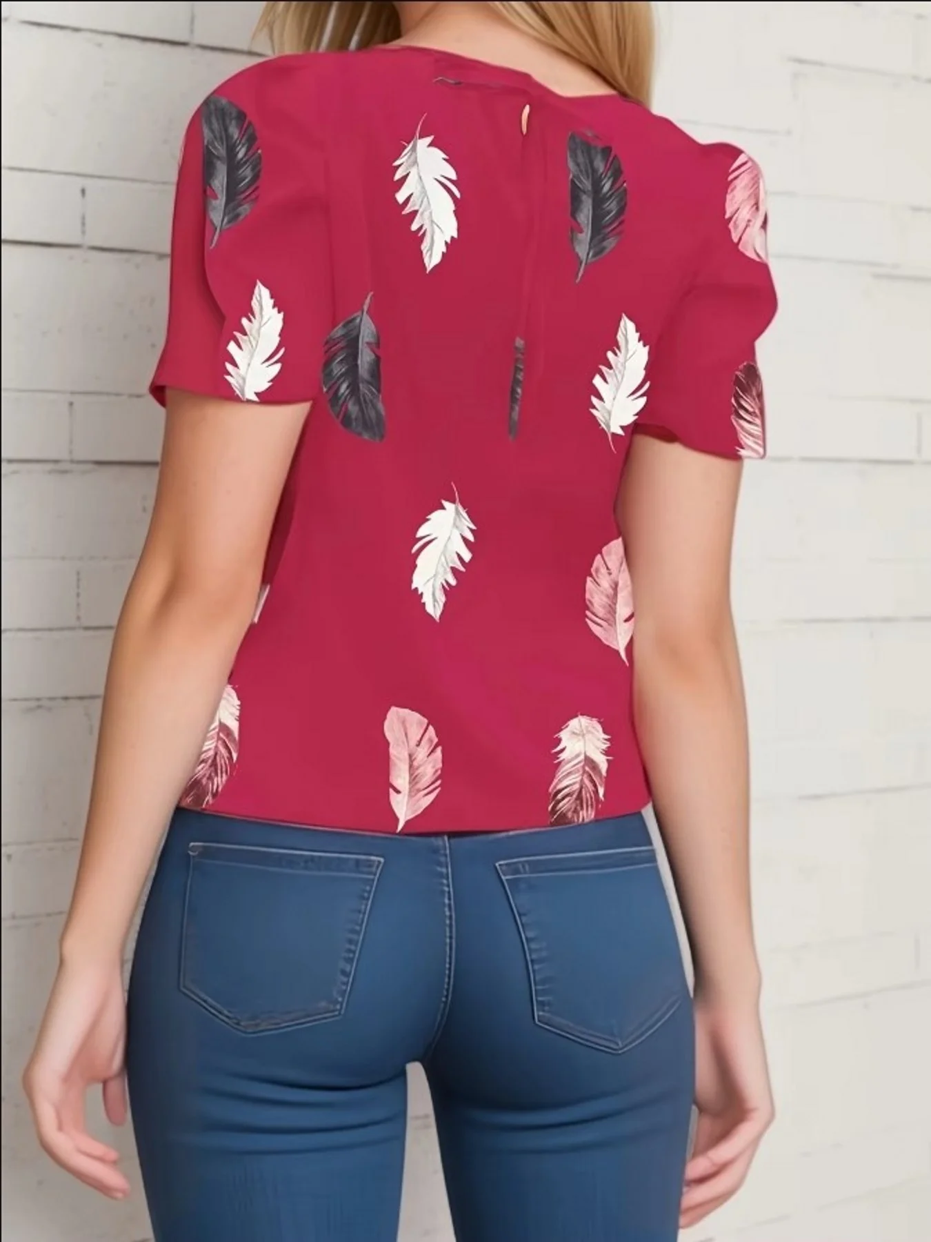 Pink Half Puff Sleeves Printed Top - Image 2
