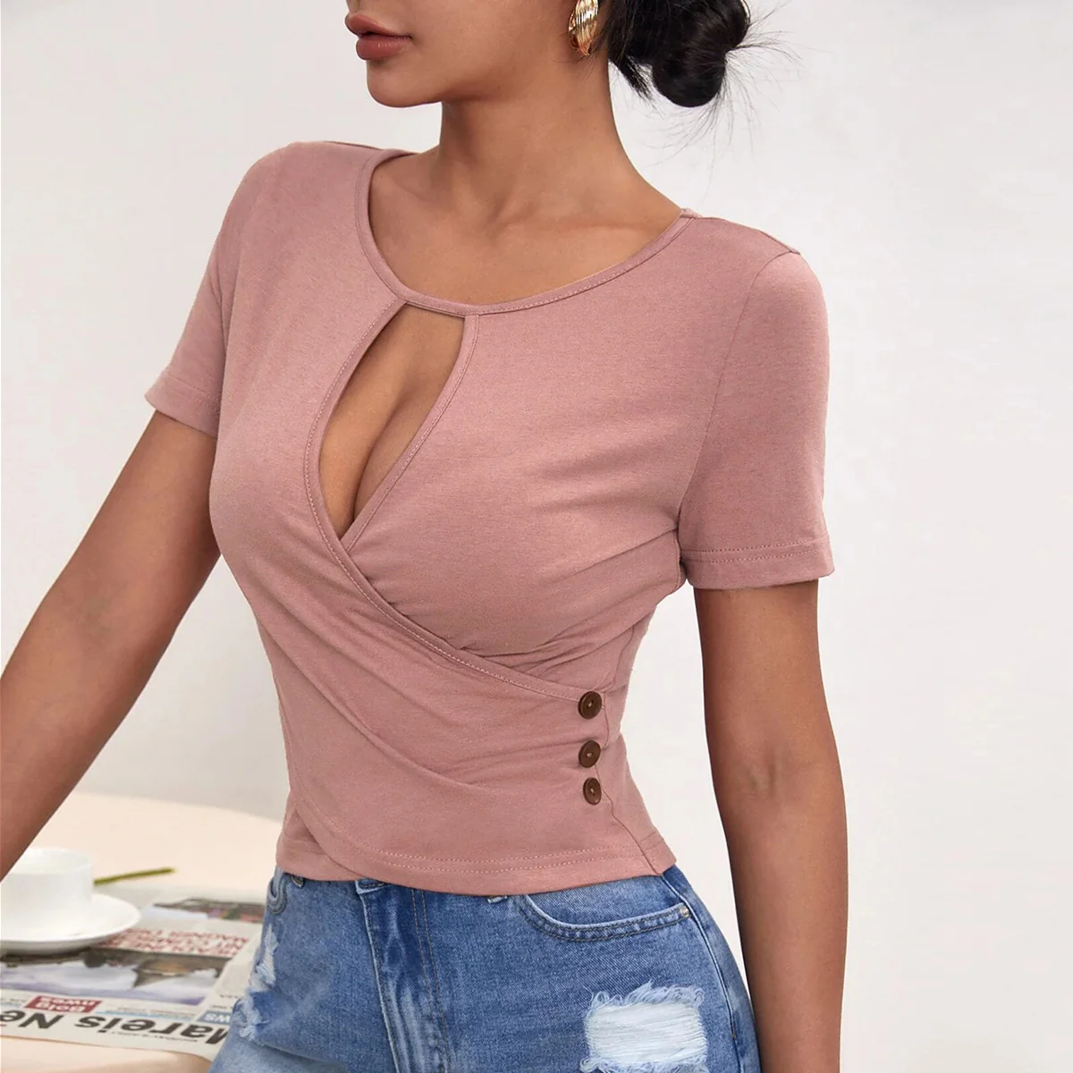 Pink Half Sleeved Cut-Out Top - Image 3