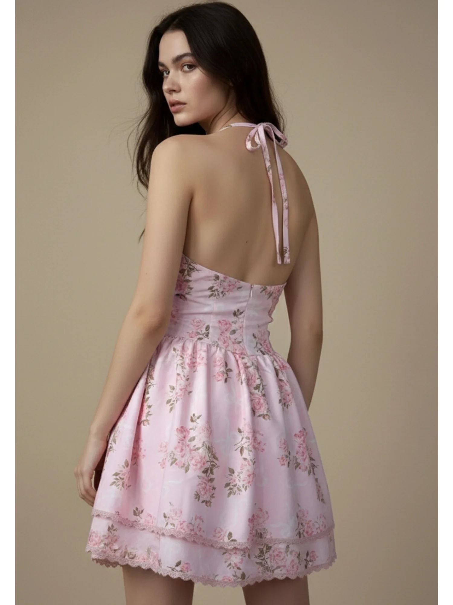 Pink Halter Neck Printed Tiered Dress - Image 2