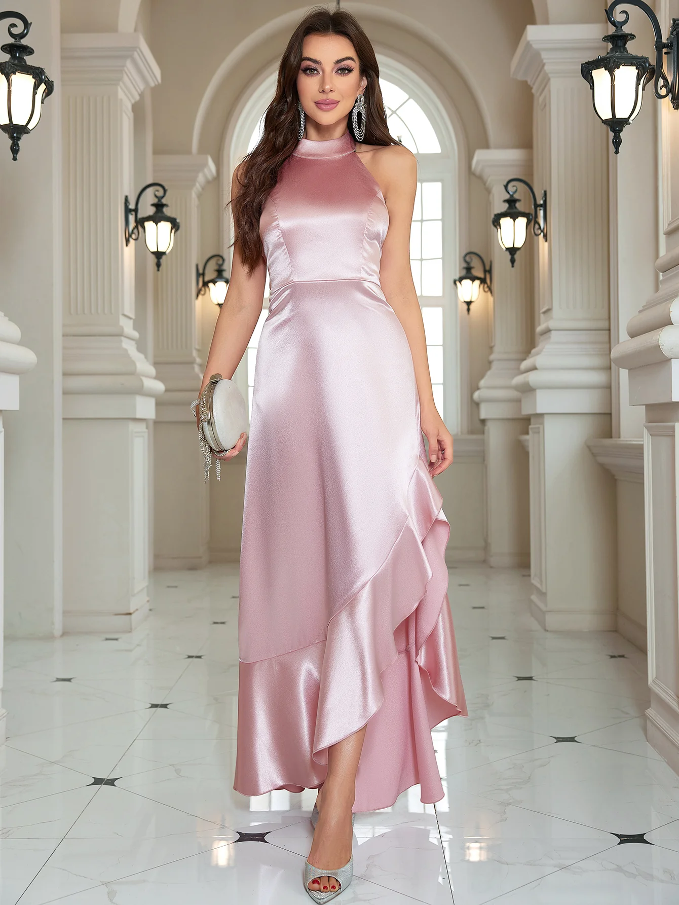 Pink Halter Neck Ruffle Hem Dress - Image 4