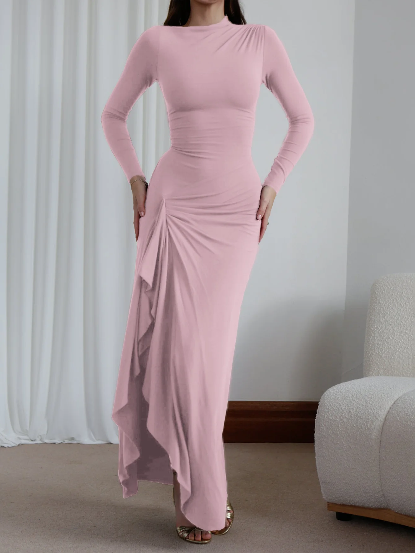 Pink High Neck Side Ruched Dress - Image 3