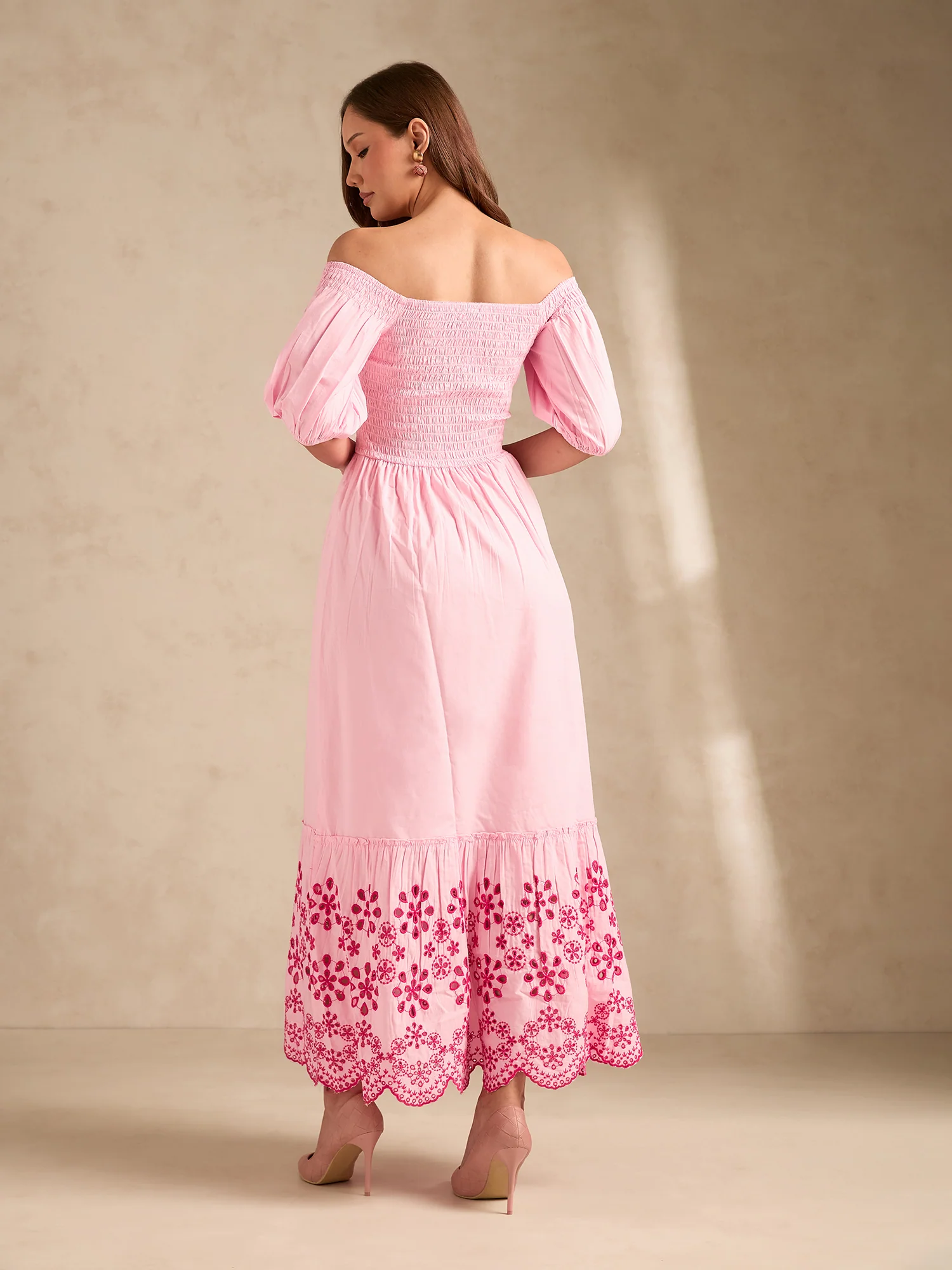 Pink Maxi Dress With Contrast Schiffli - Image 6