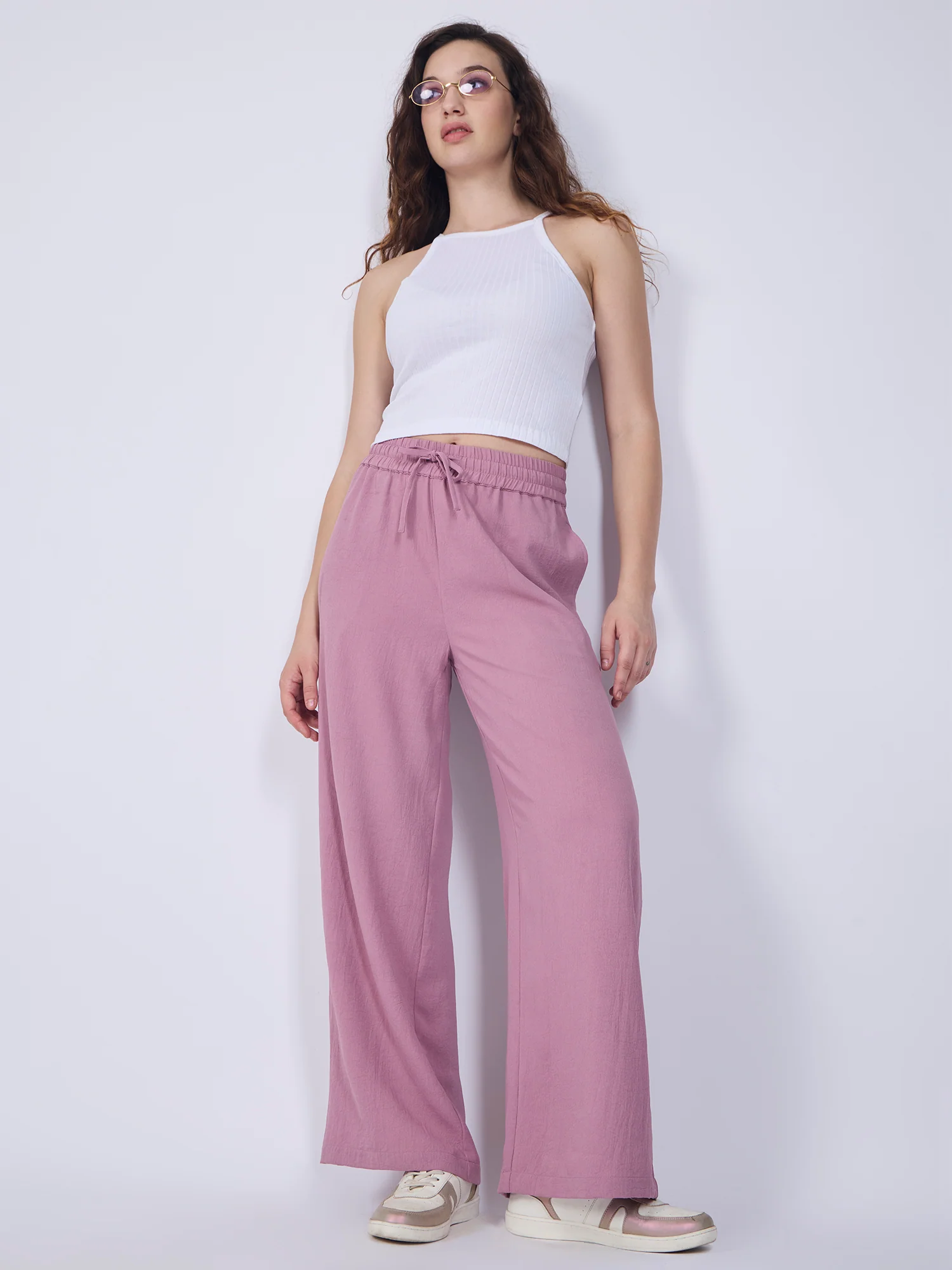 Pink Mid Waisted Wide Leg Trousers - Image 3