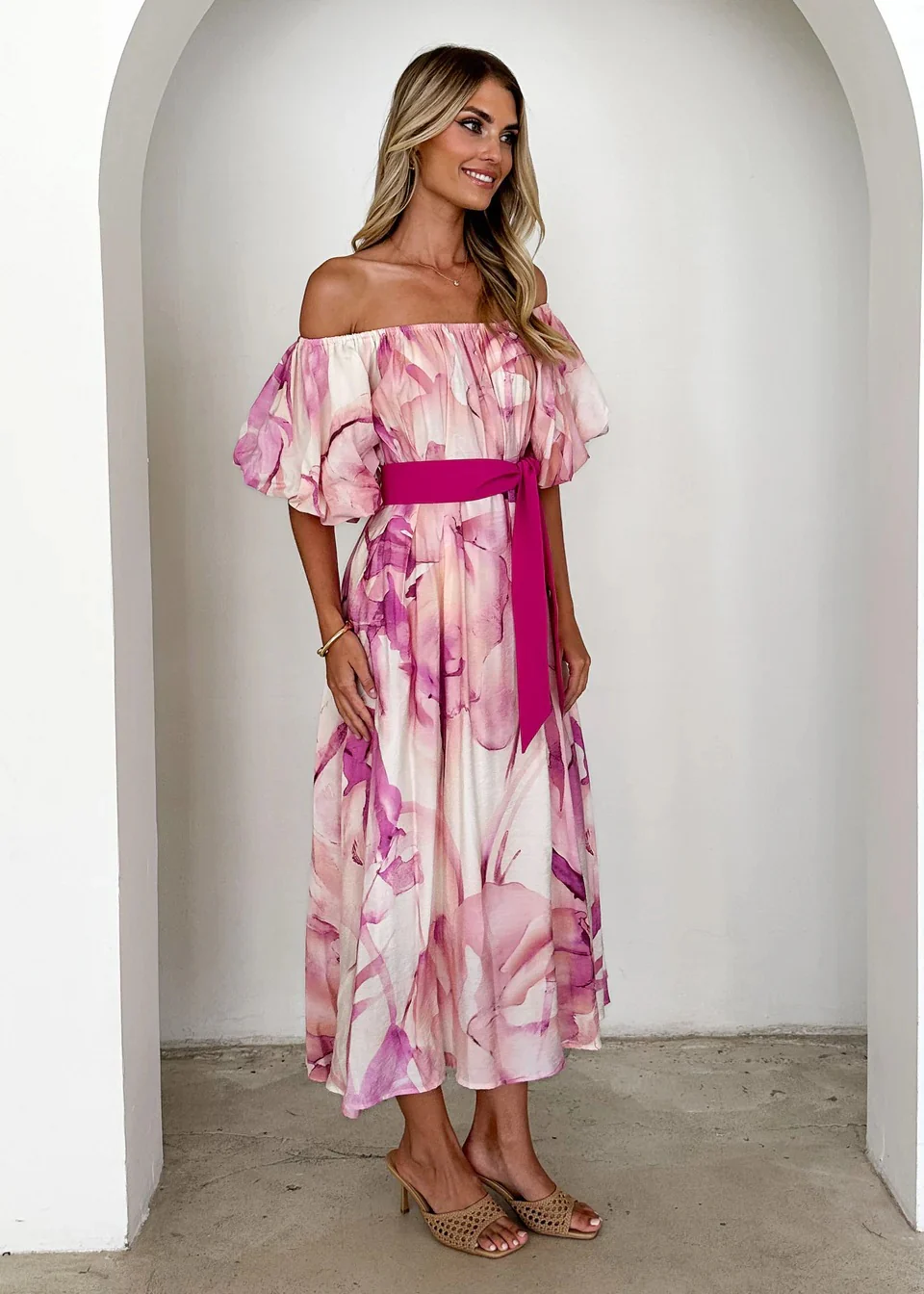 Pink Off Shoulder Waist Tie-Up Dress - Image 3