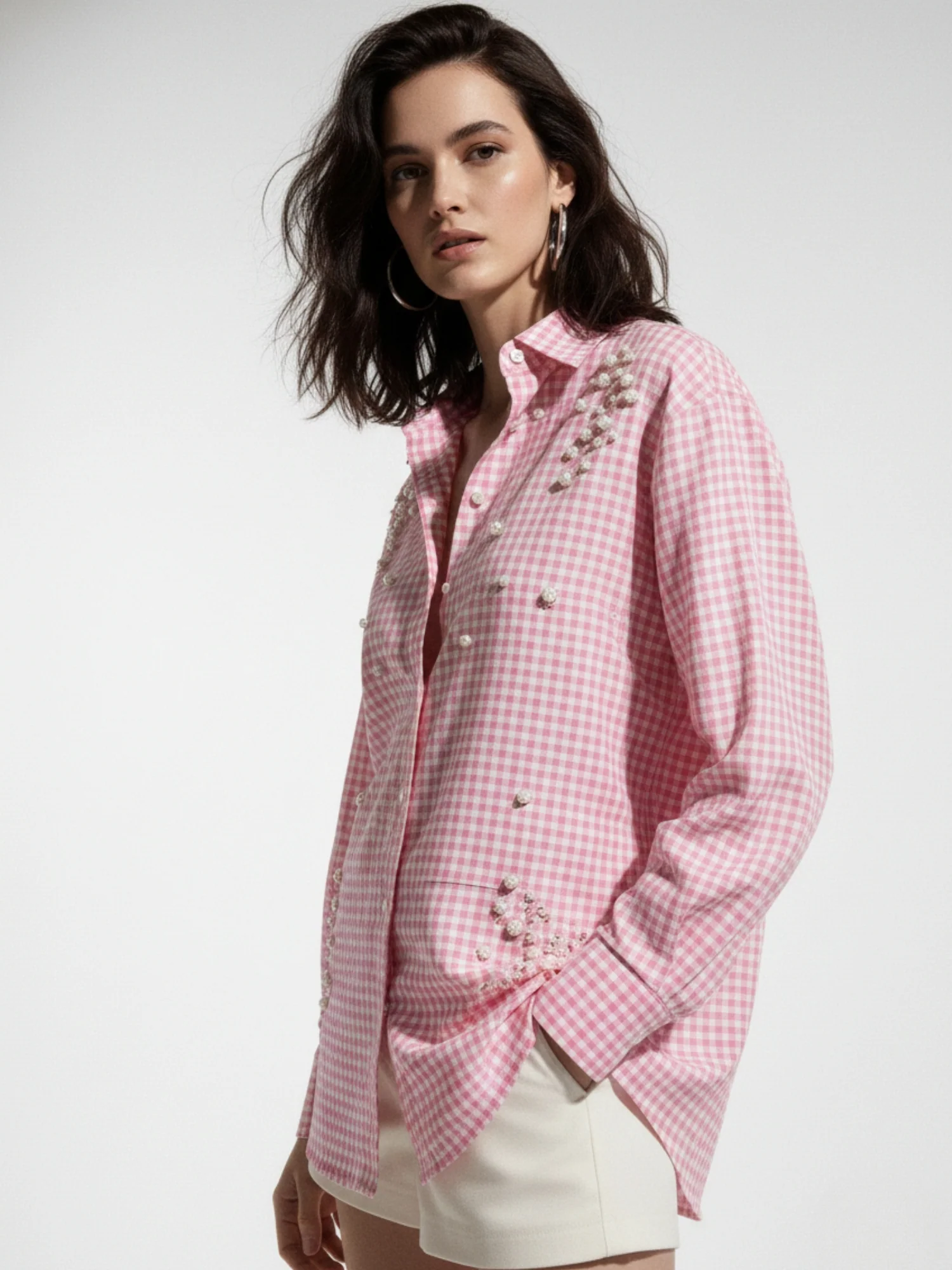 Pink Oversized Check Shirt With Placement Embellishment Detail - Image 2