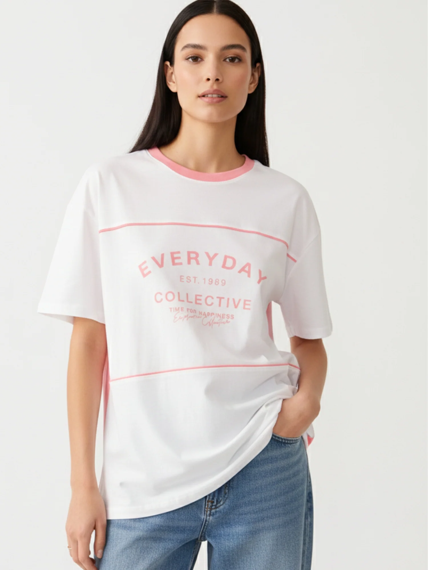 Pink Oversized T-Shirt With Graphic And Cut & Sew Highlights - Image 2