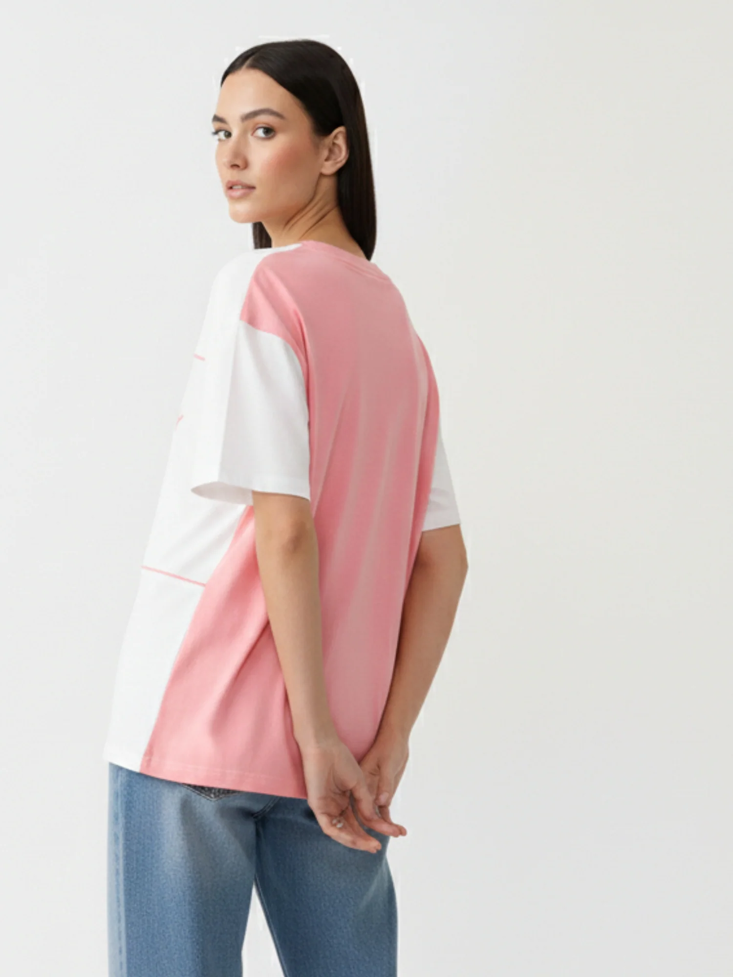Pink Oversized T-Shirt With Graphic And Cut & Sew Highlights - Image 4
