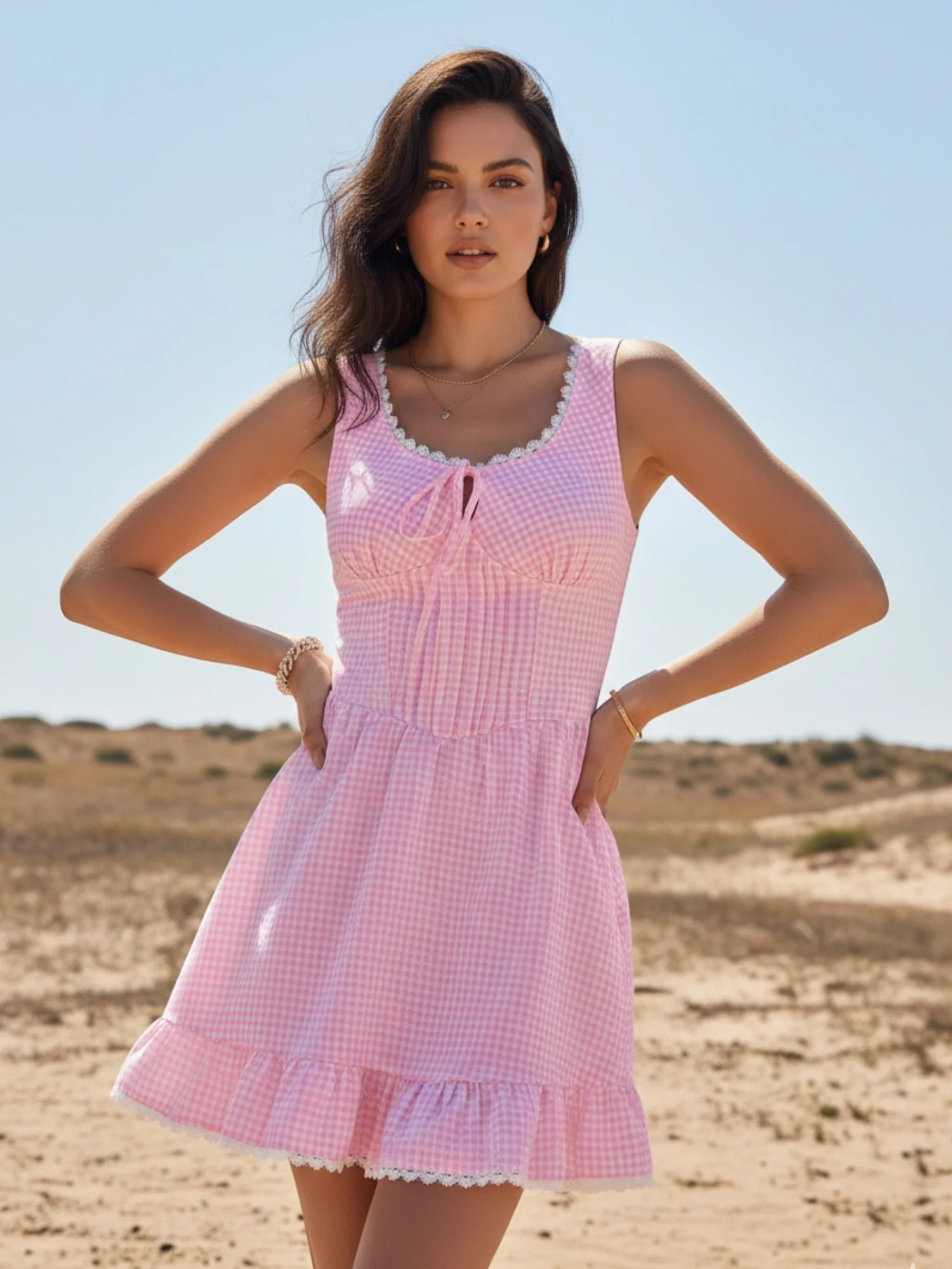 Pink Patterned Bustier Dress With Frilled Hem