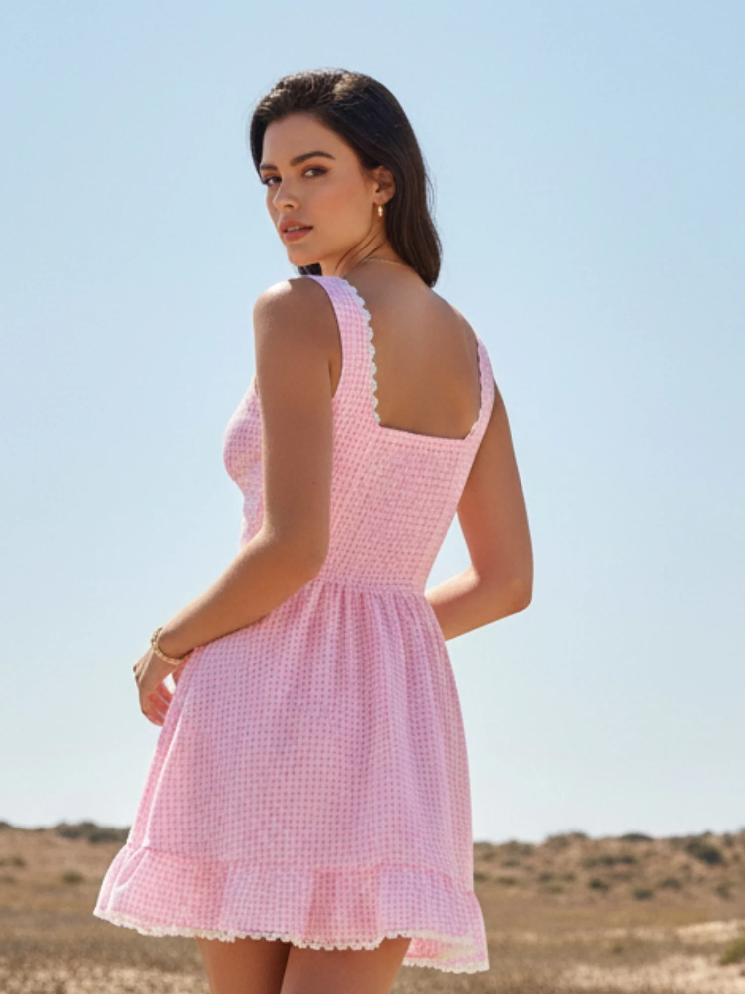 Pink Patterned Bustier Dress With Frilled Hem - Image 2