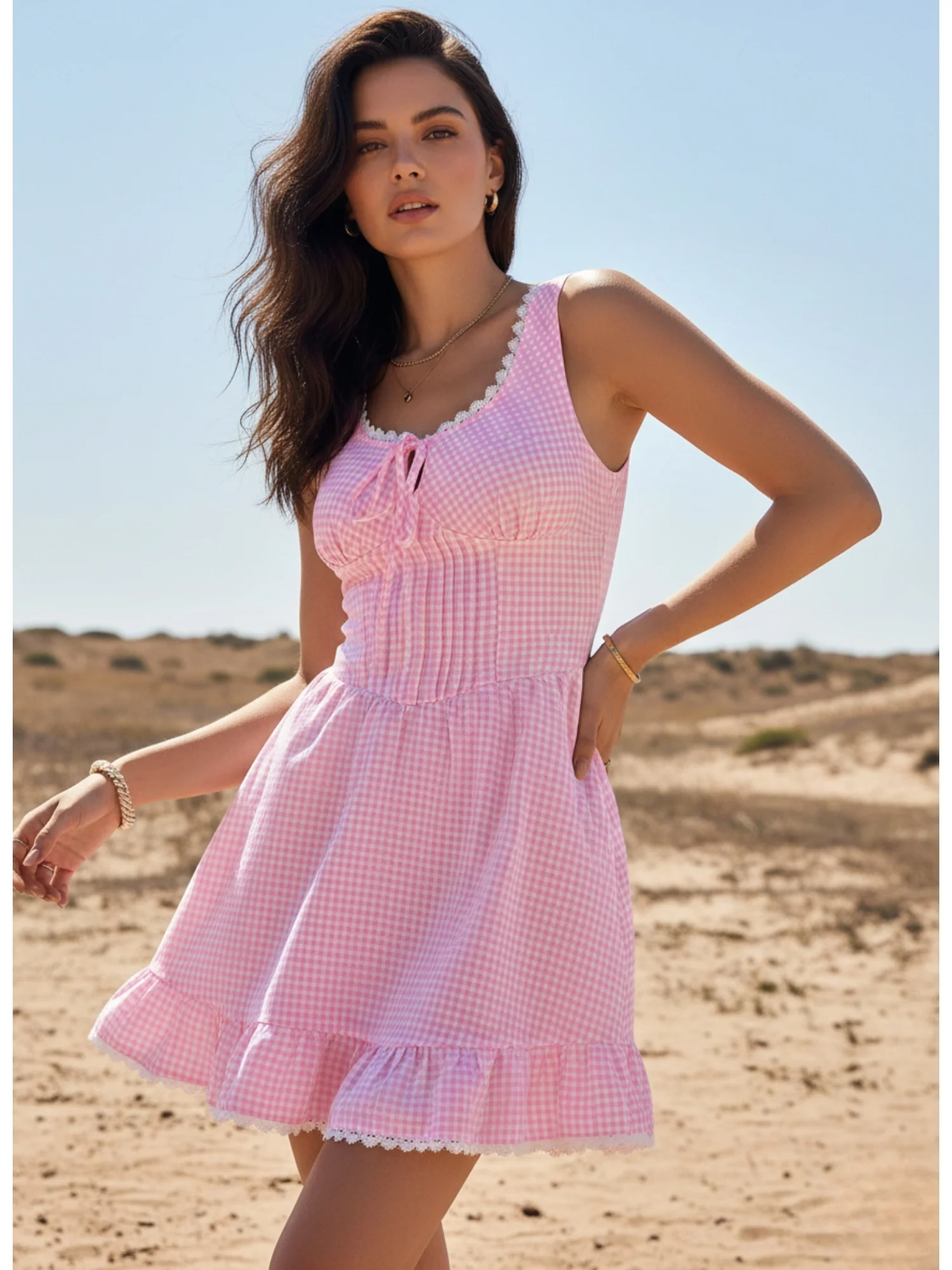 Pink Patterned Bustier Dress With Frilled Hem - Image 3