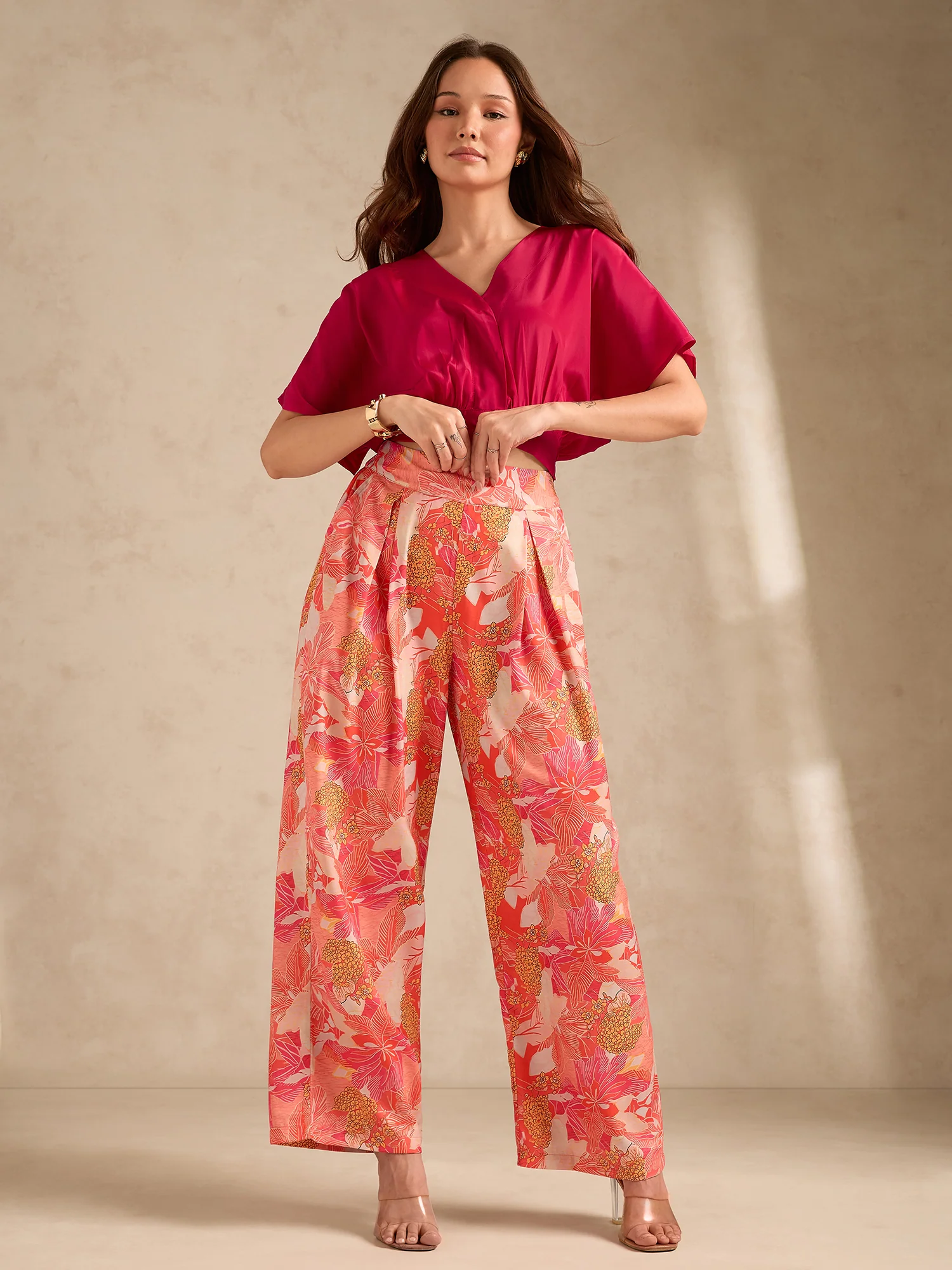 Pink Printed Solid Top With High Rise Wide Leg Trouser Co-Ord Set - Image 3