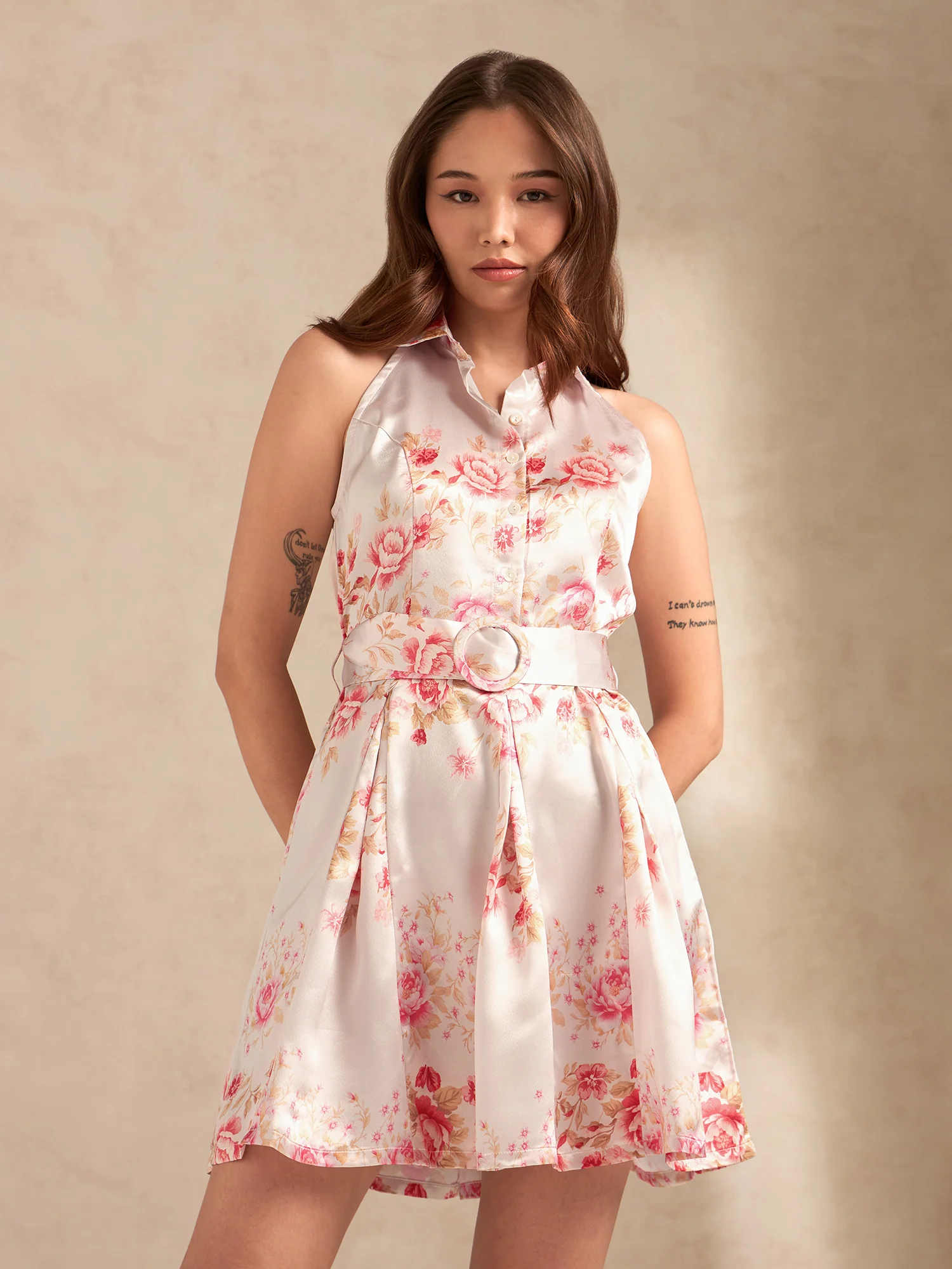 Pink Printed Flared Dress With Halter Neck And Belt Detail - Image 4