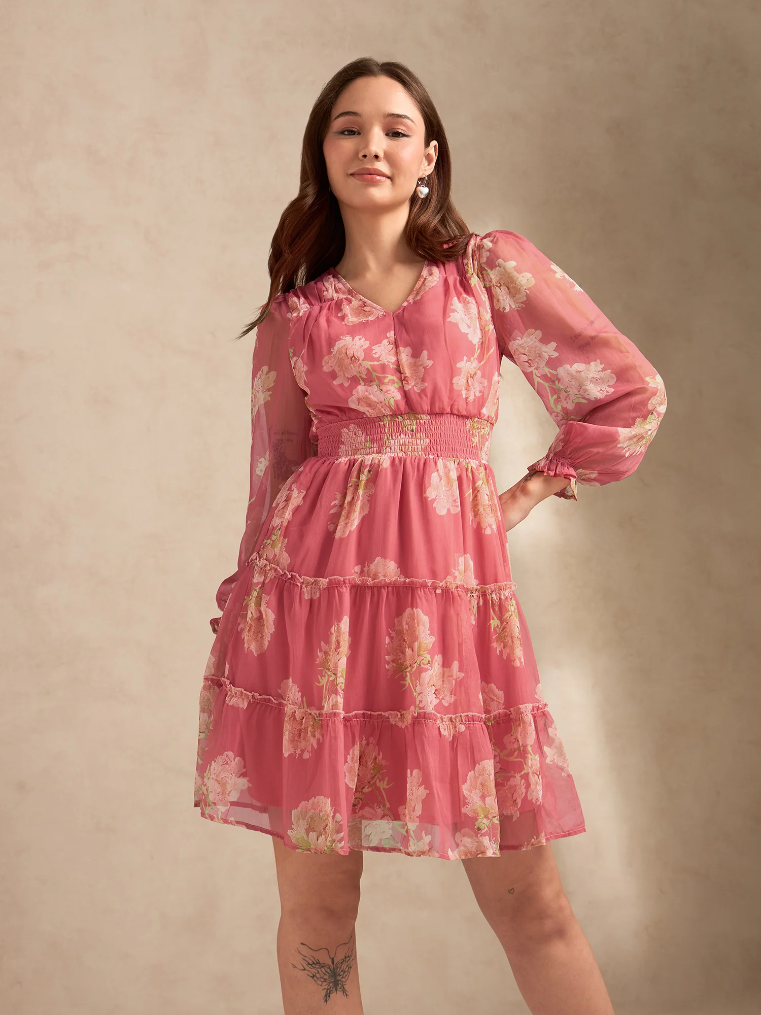 Pink Printed Full Sleeves Waist Smoked Dress - Image 5