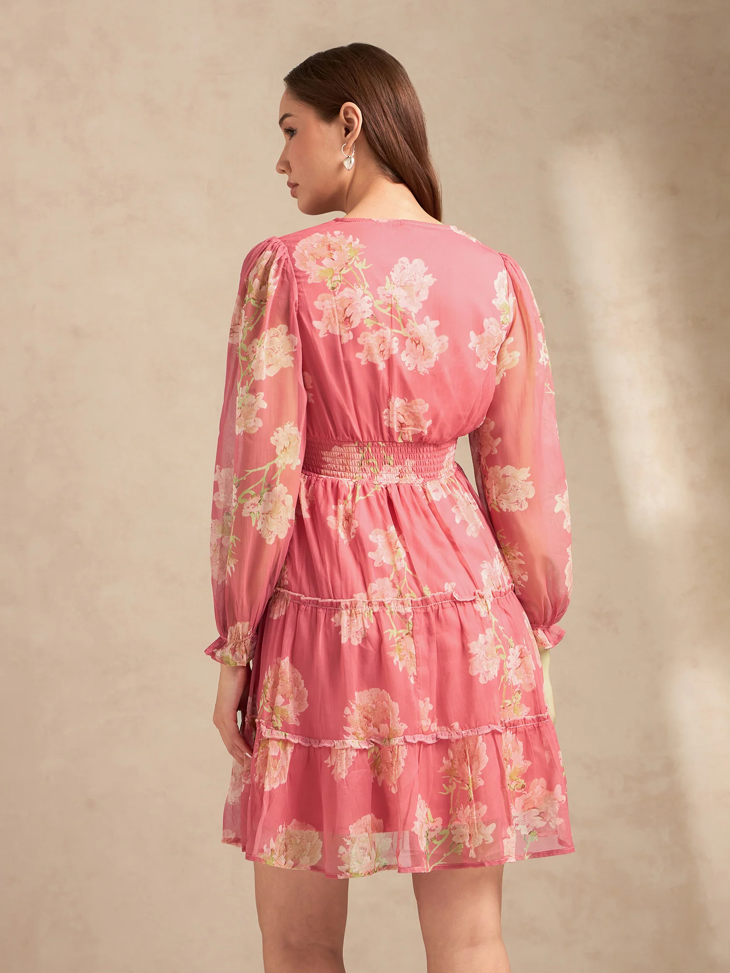 Pink Printed Full Sleeves Waist Smoked Dress - Image 6