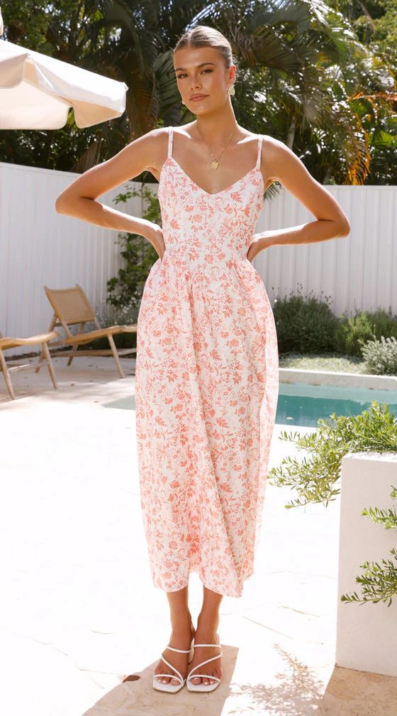 Pink Printed Pointed Waistline Dress - Image 6