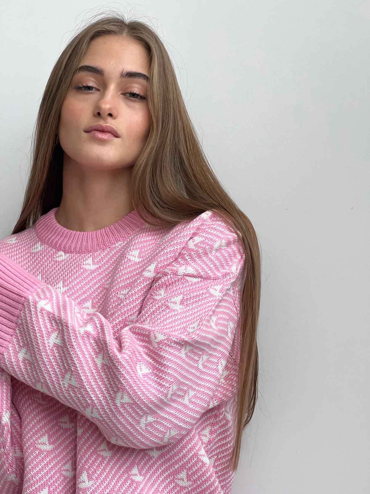 Pink Printed Relaxed Sweater - Image 4
