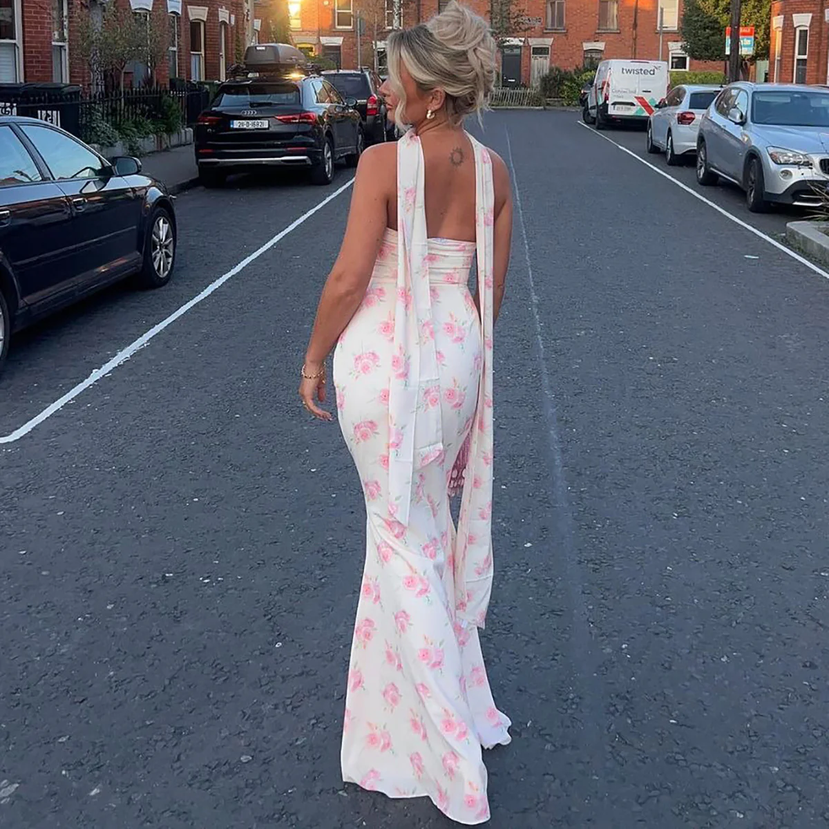 Pink Printed Strapless Bodycon Dress - Image 2