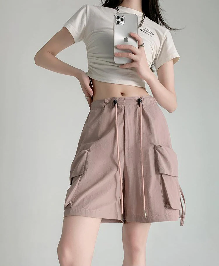 Pink Relaxed Fit Drawstring Cargo Shorts - Image 2