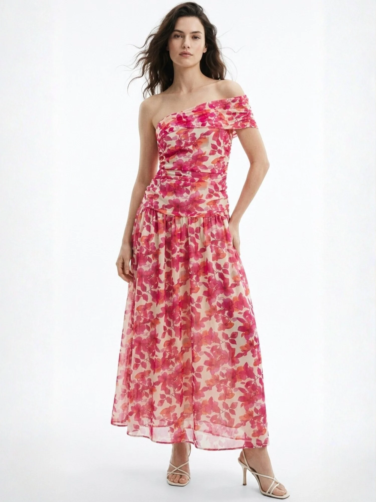 Pink Romantic Floral Print Bardot Dress With Delicate Ruffle Trim Detail - Image 5