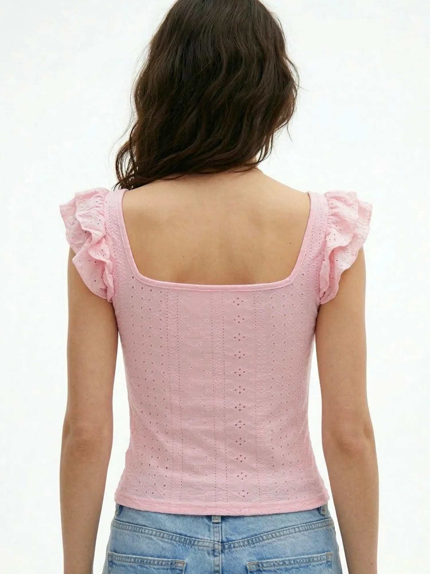 Pink Ruffle Sleeve Square Neck Schiffli Top - Image 4