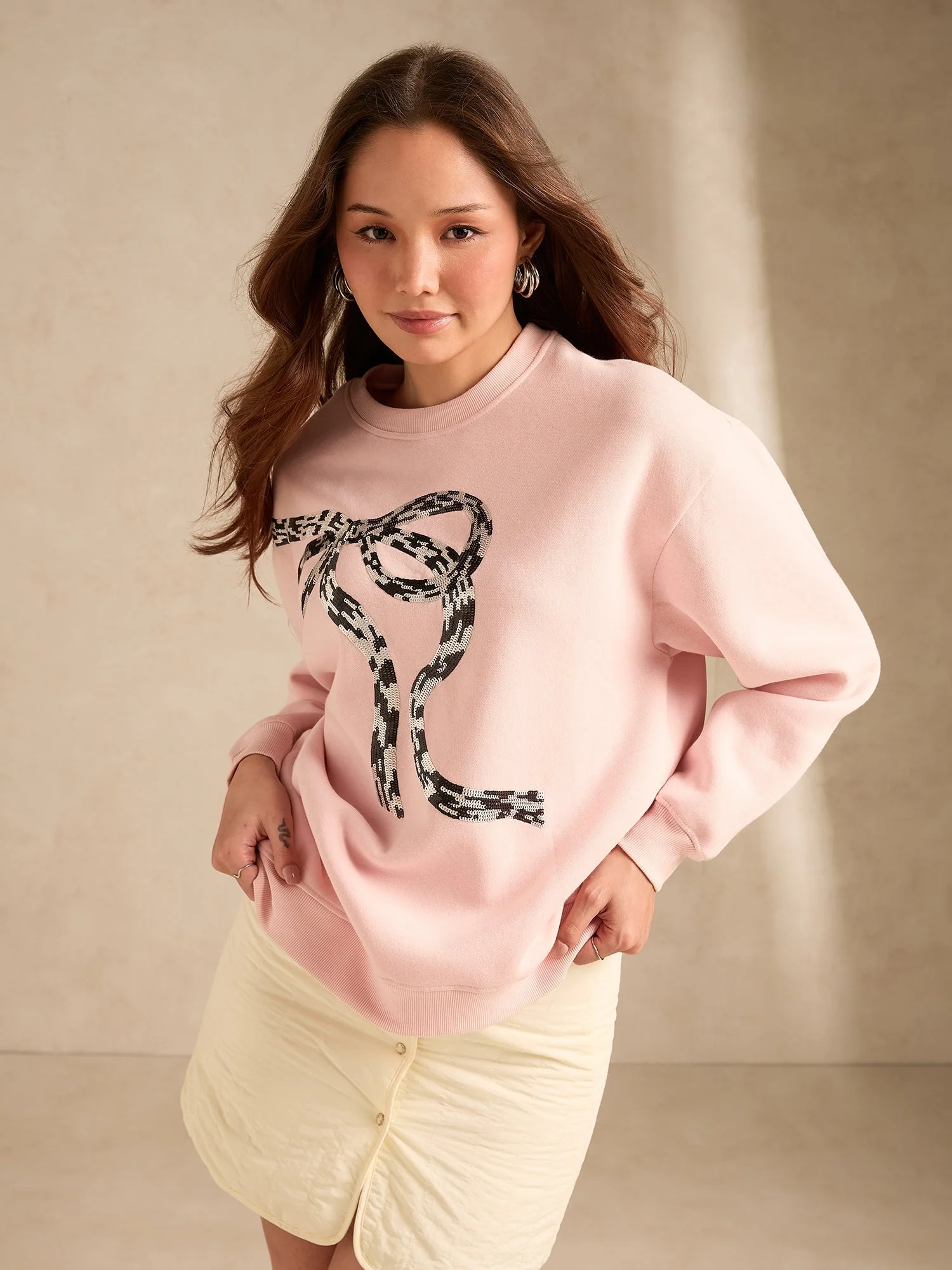 Pink Sequined Bow-Detail Russian Fleece Sweatshirt - Image 5