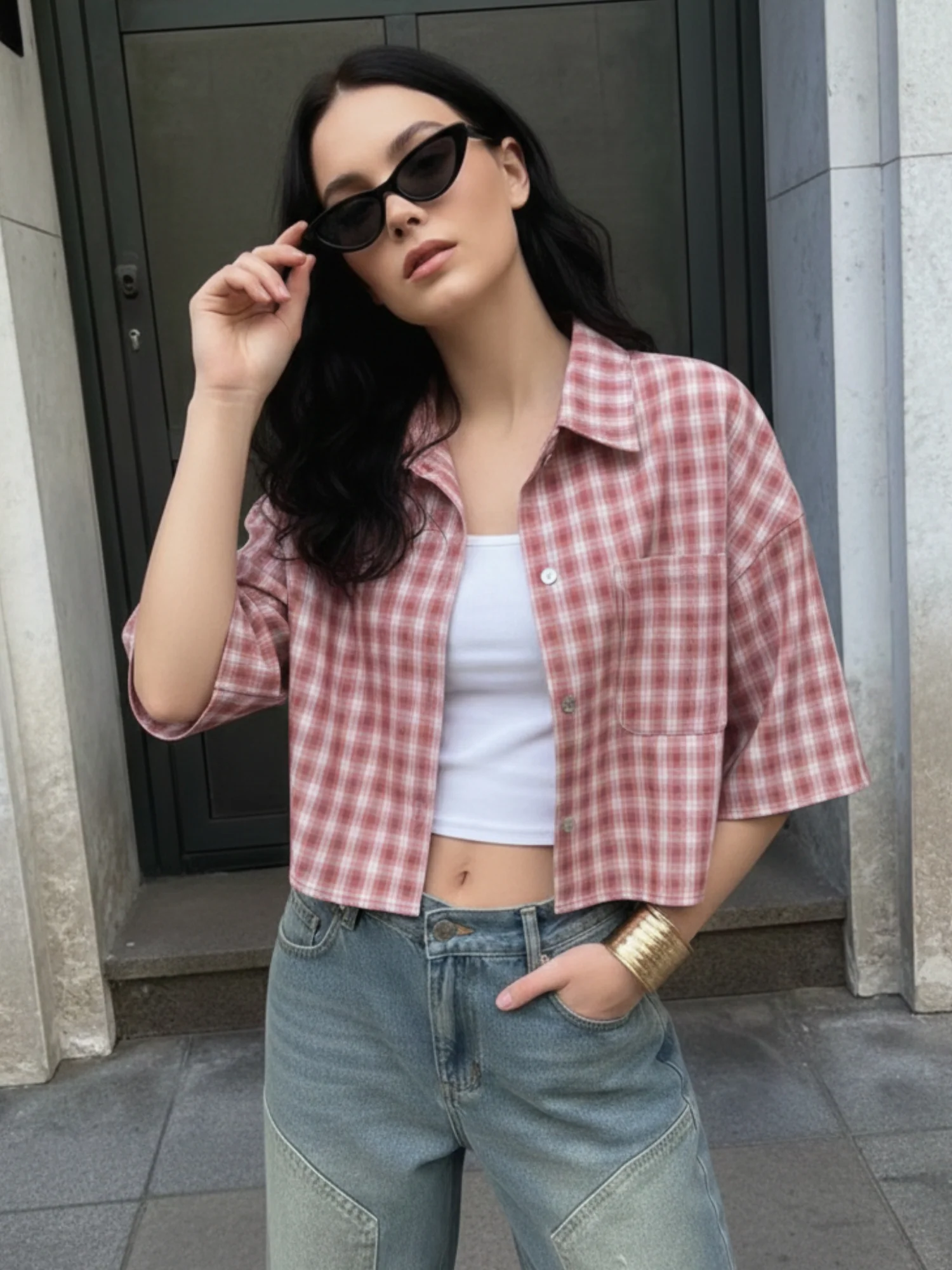 Pink Short Sleeve Front Buttoned Collar