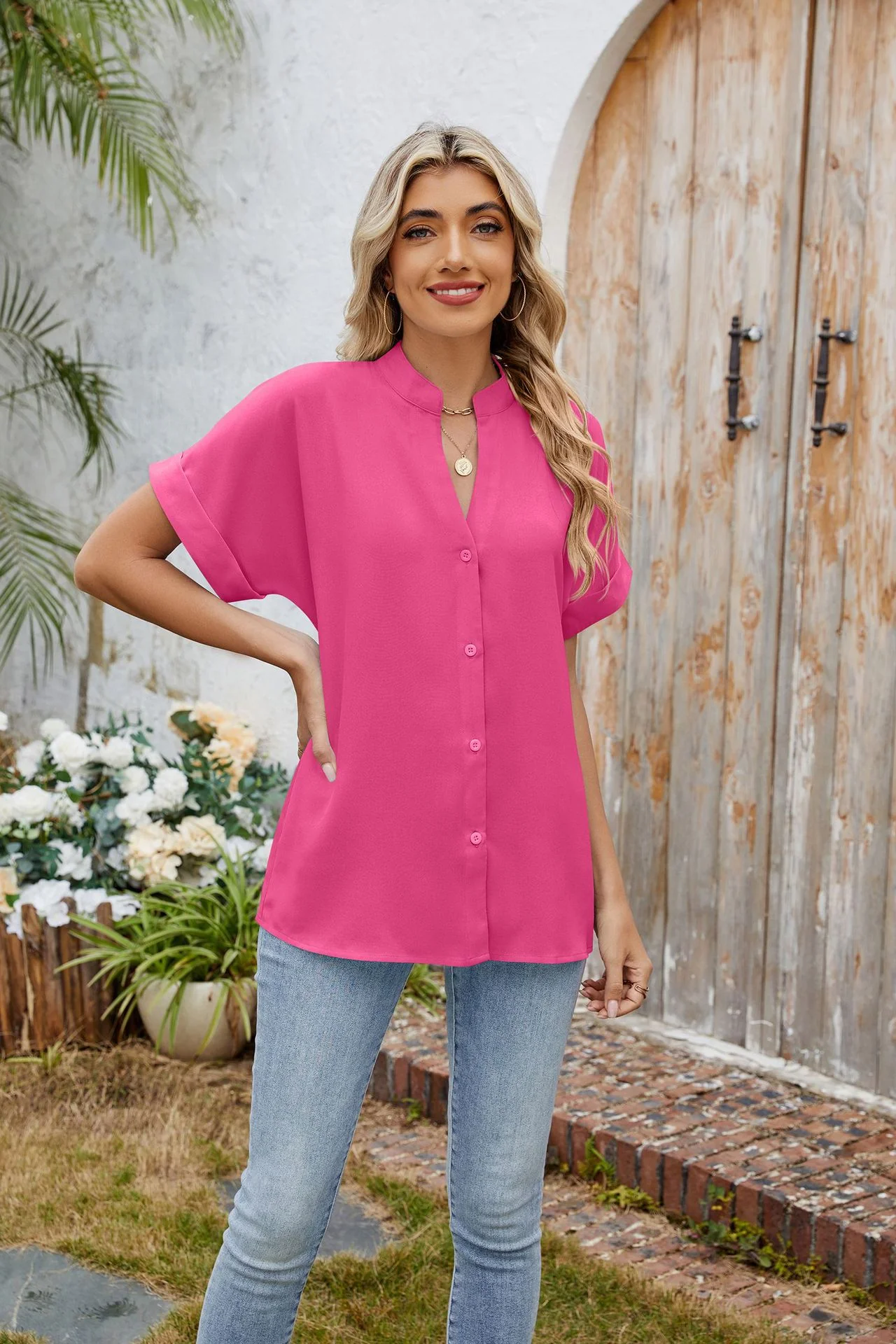 Pink Short Sleeve Front Buttoned Shirt - Image 4