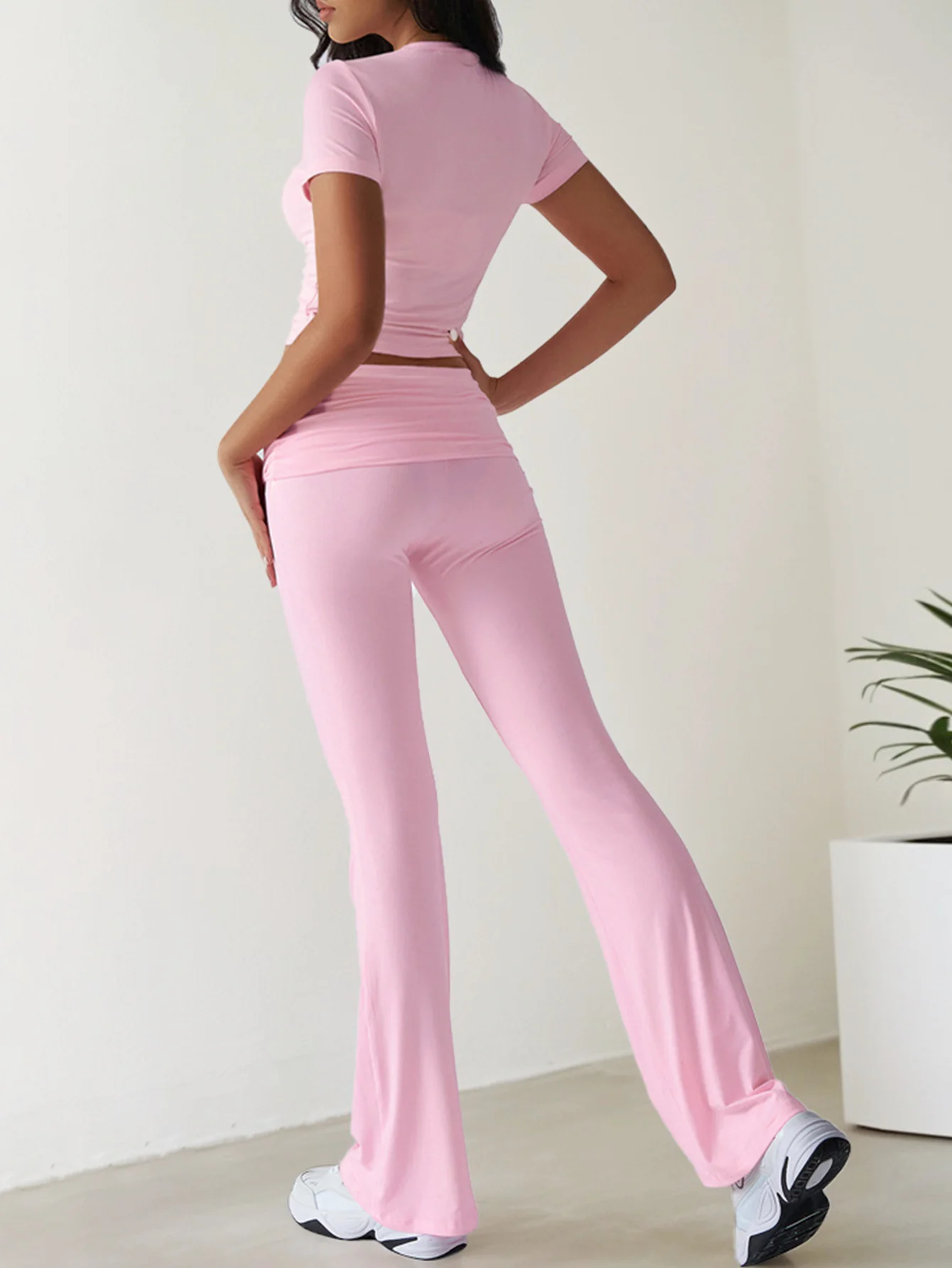 Pink Short Sleeve Top & Waist Ruched Pant Set - Image 2