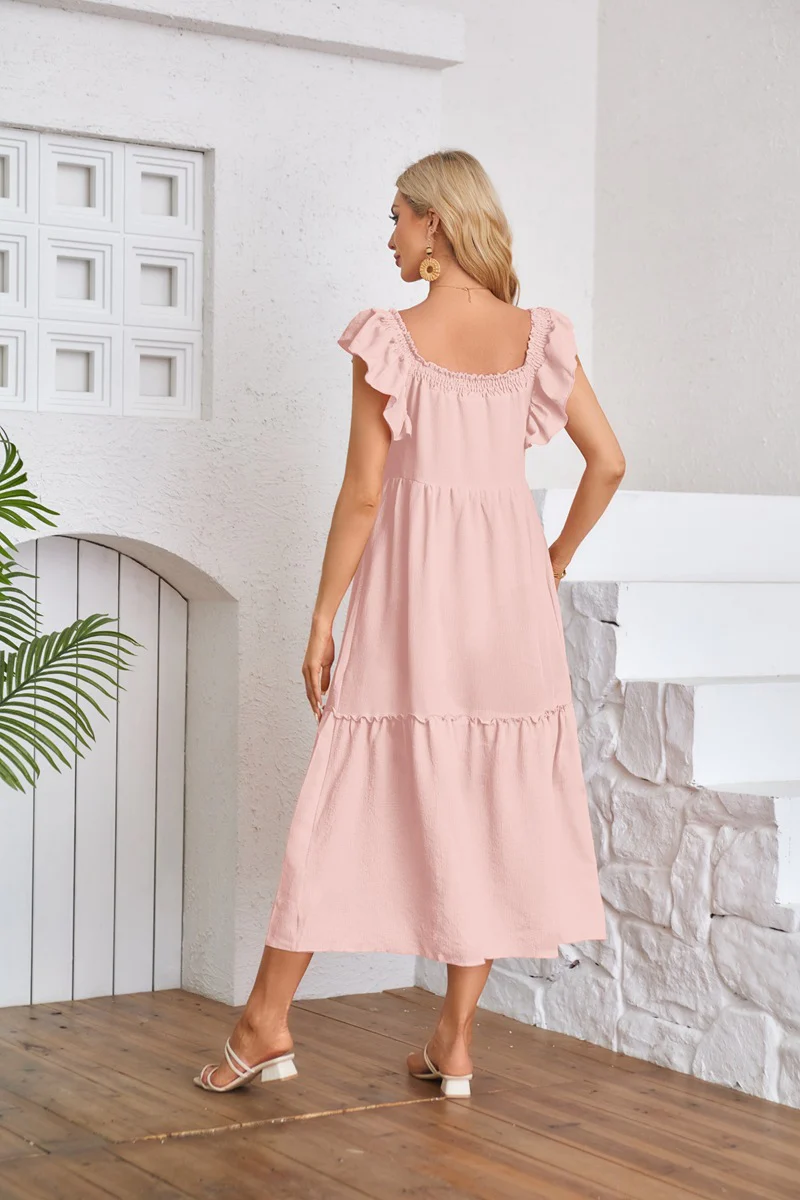 Pink Solid Flutter Sleeved Empire Waist Smocked Dress - Image 2
