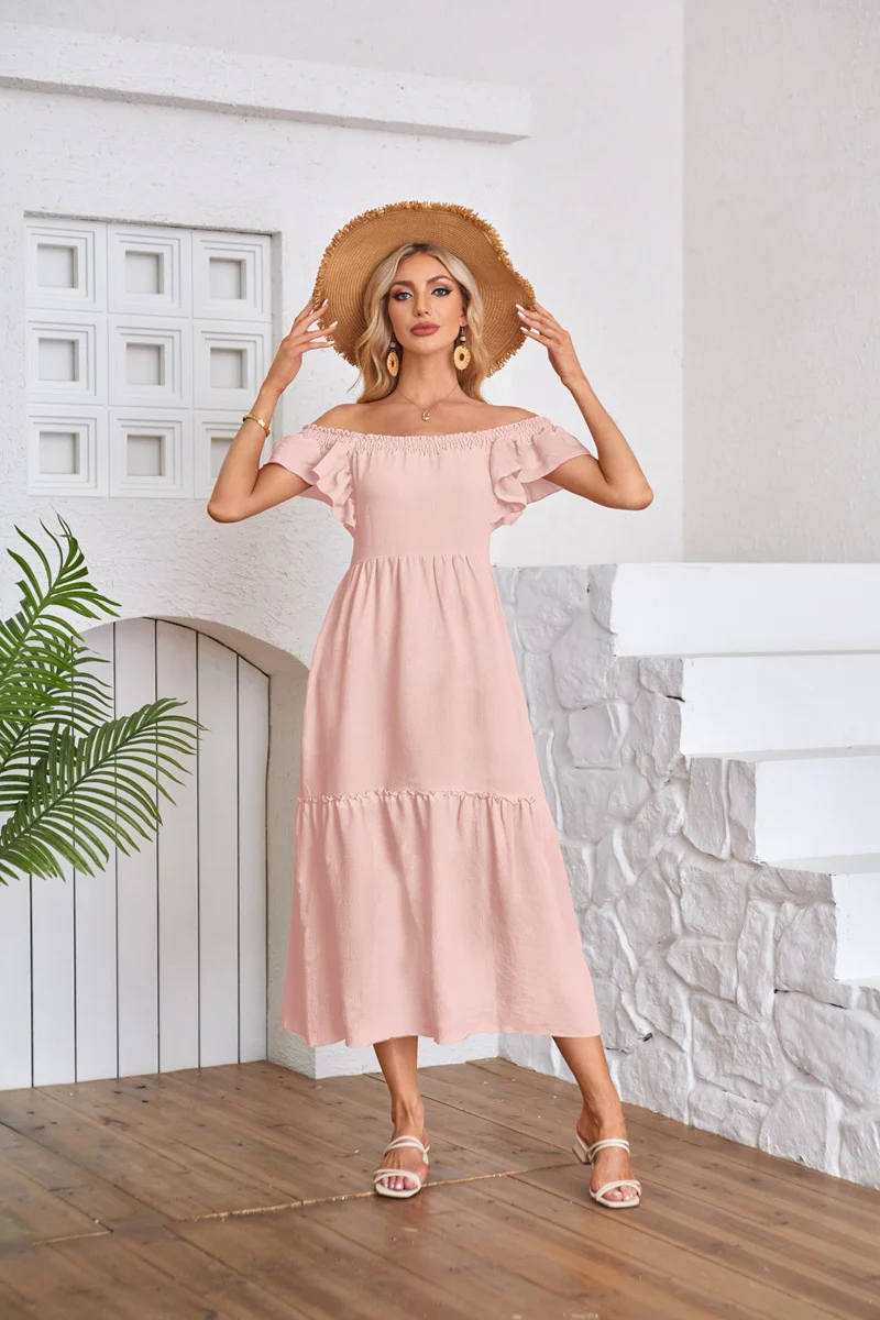 Pink Solid Flutter Sleeved Empire Waist Smocked Dress - Image 3