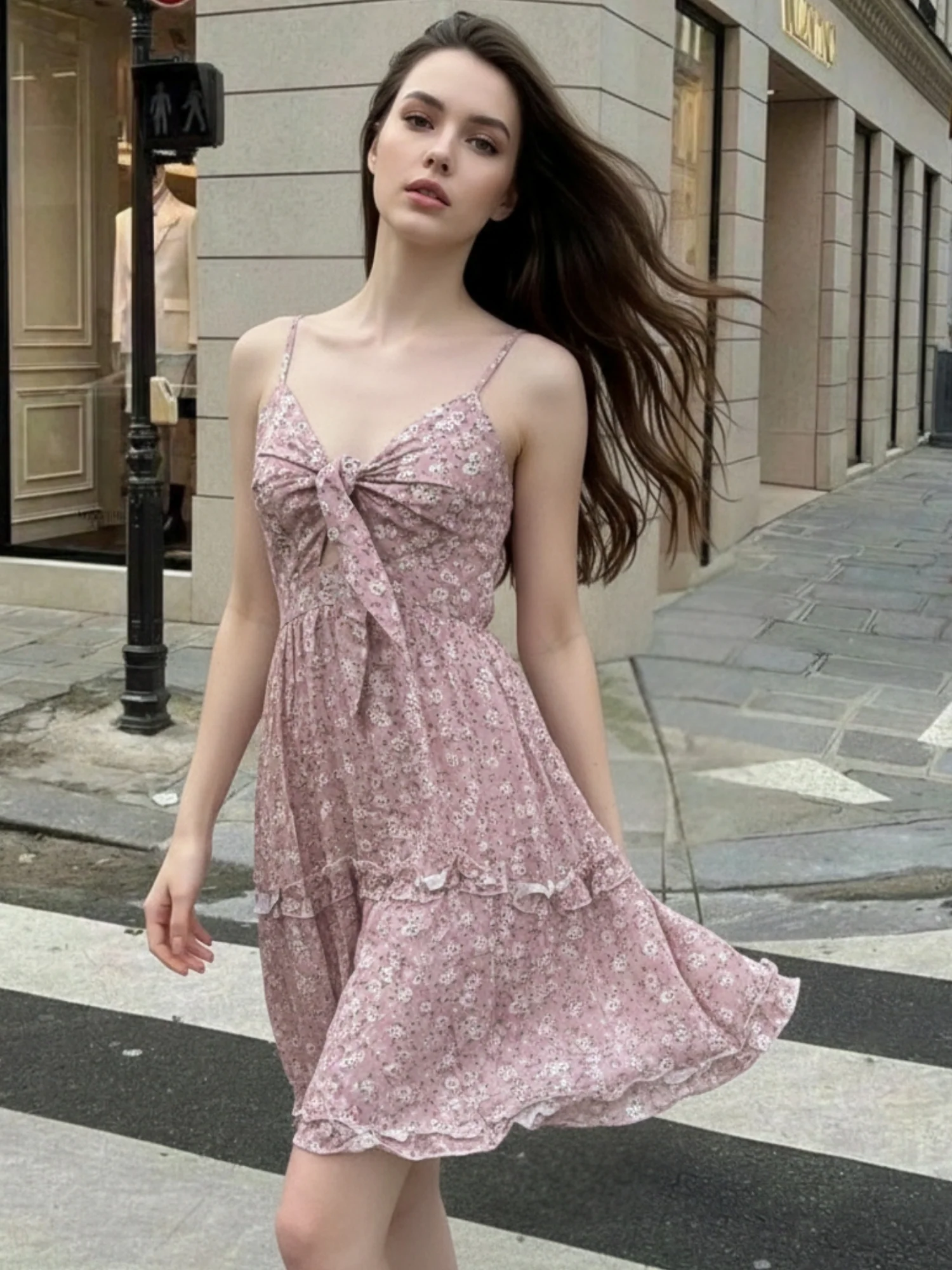 Pink Spaghetti Strap Front Tie-Up Dress