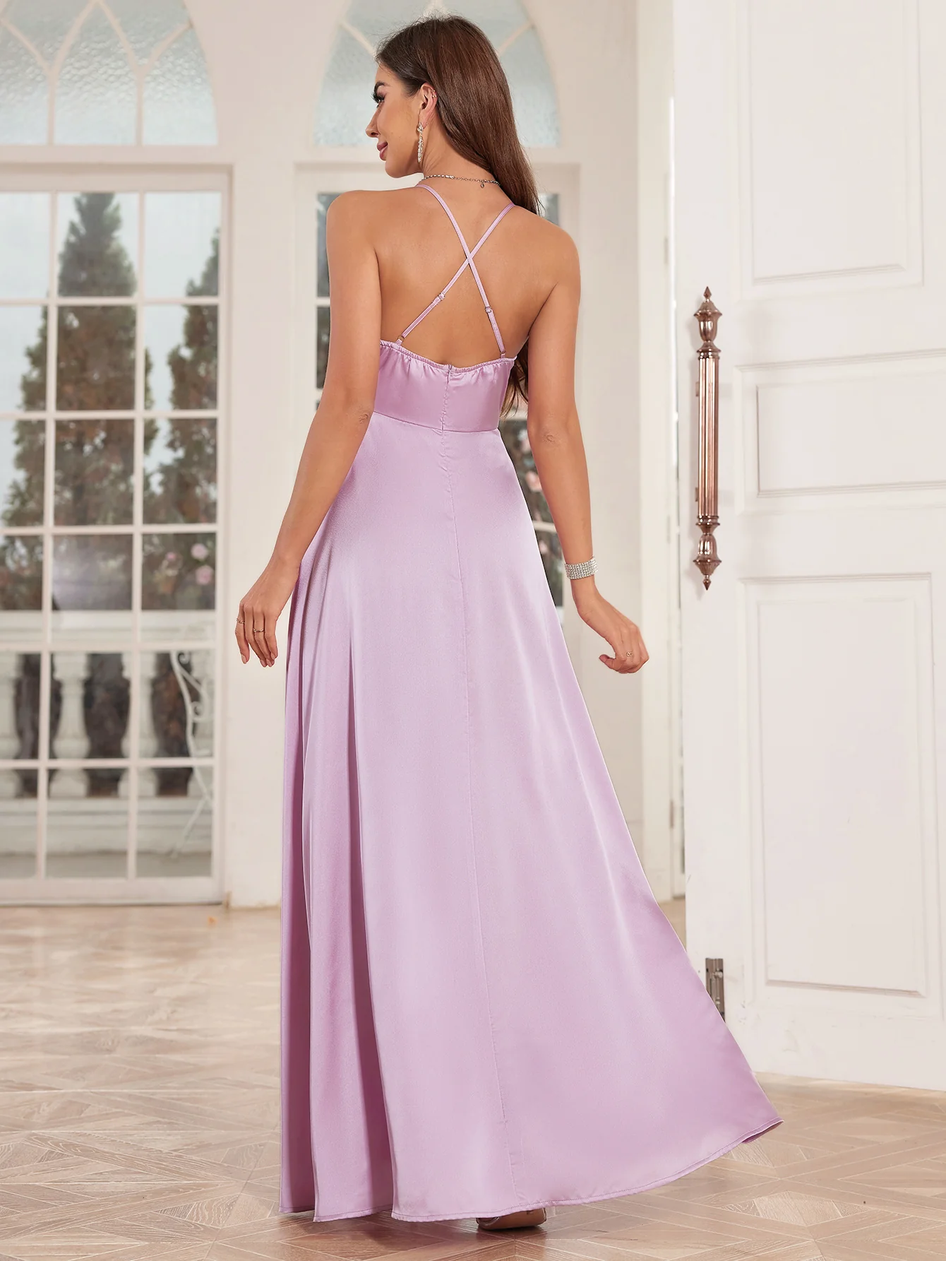 Pink Spaghetti Strap Halter Neck Slit Dress - Image 2