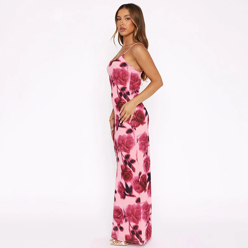 Pink Spaghetti Strap Printed Bodycon Maxi Dress - Image 3