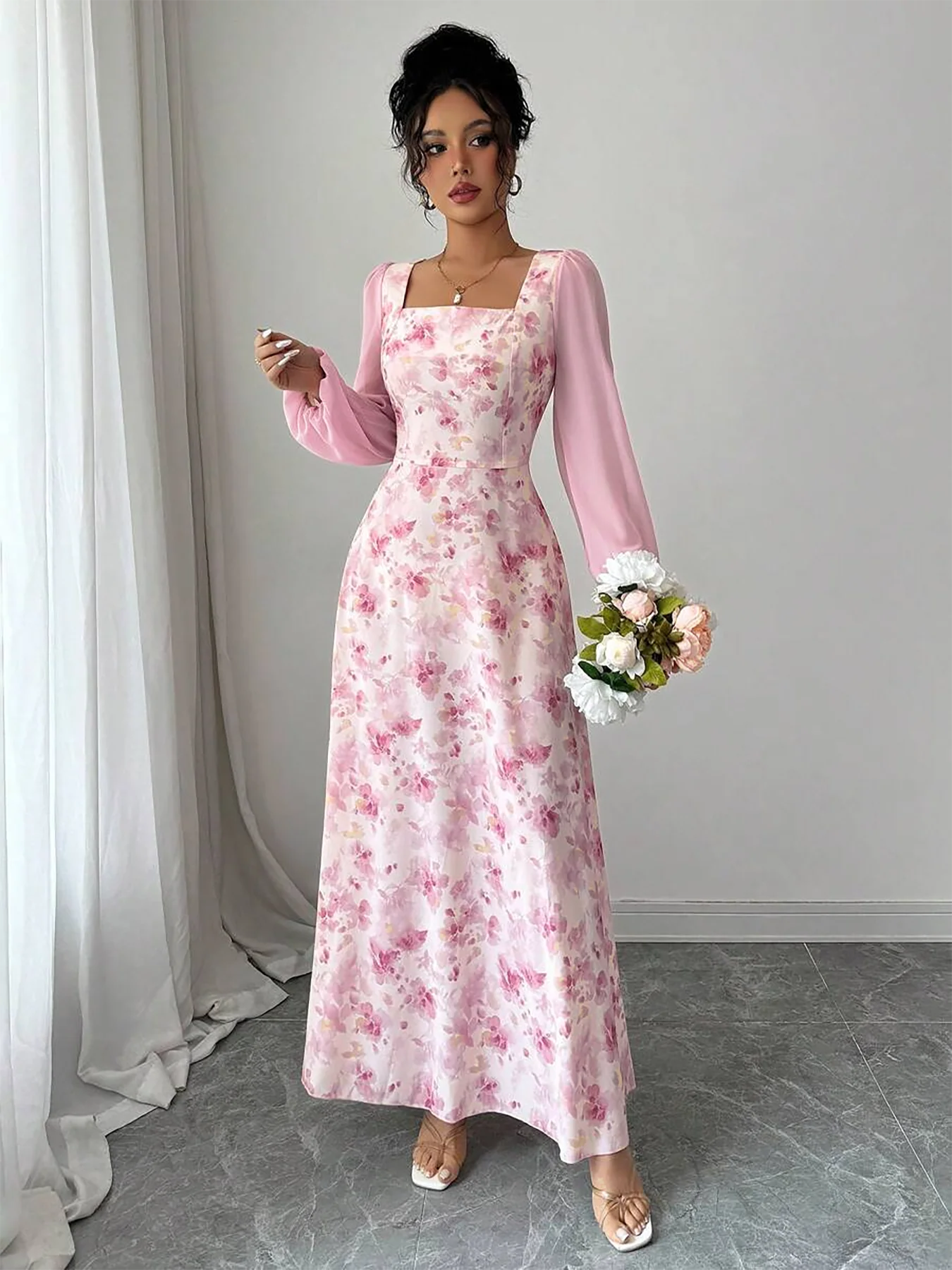 Pink Square Neck Balloon Sleeve Floral Dress